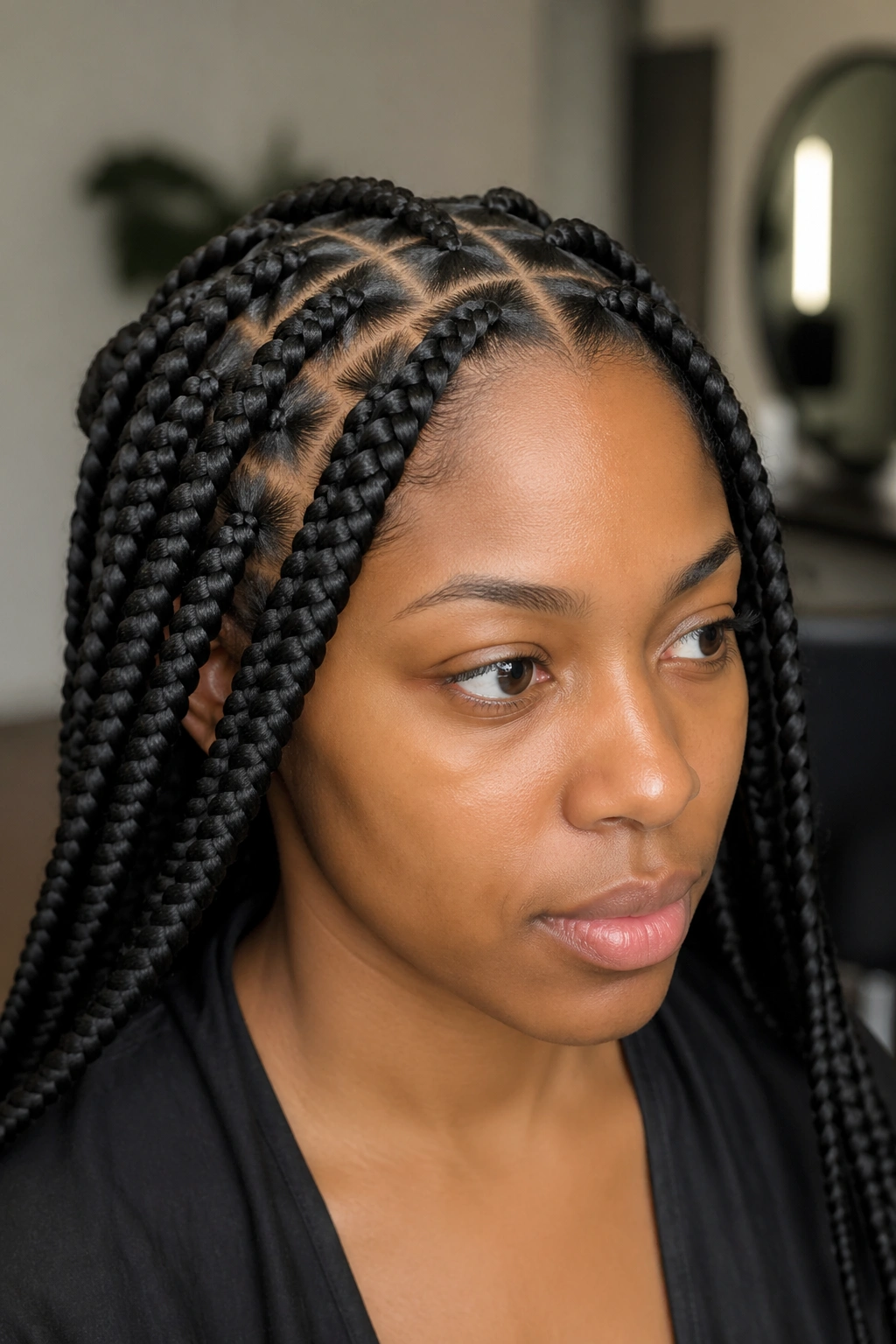 Close-up of woman with knotless jumbo feed-ins starting smoothly at the scalp