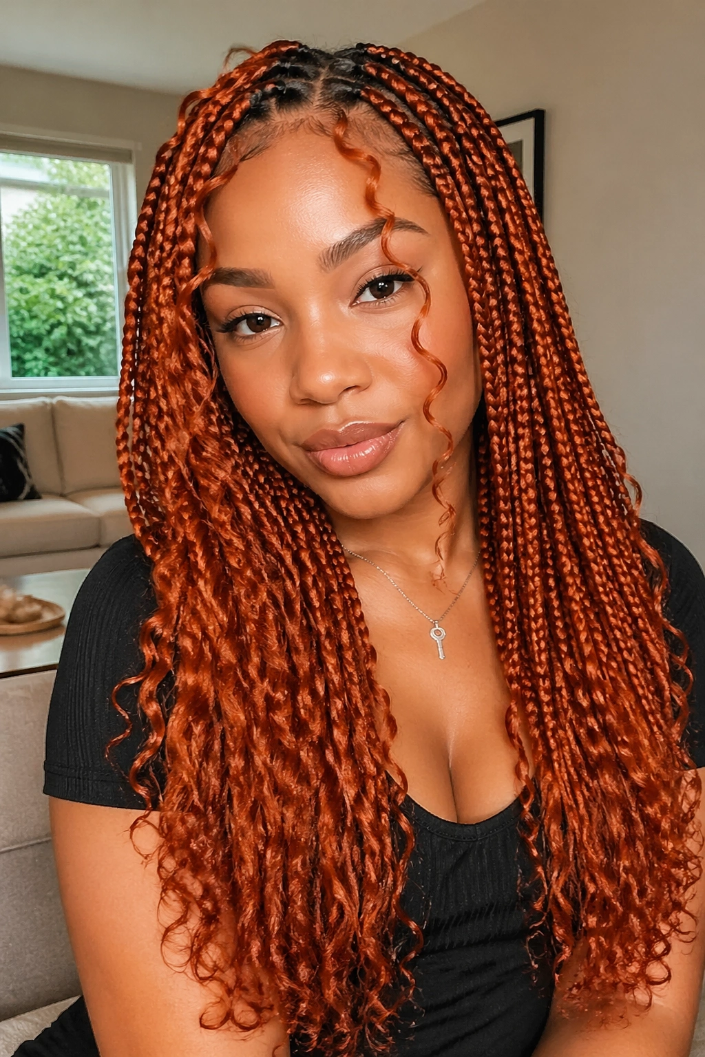 Real woman with knotless orange box braids and soft face-framing curls.