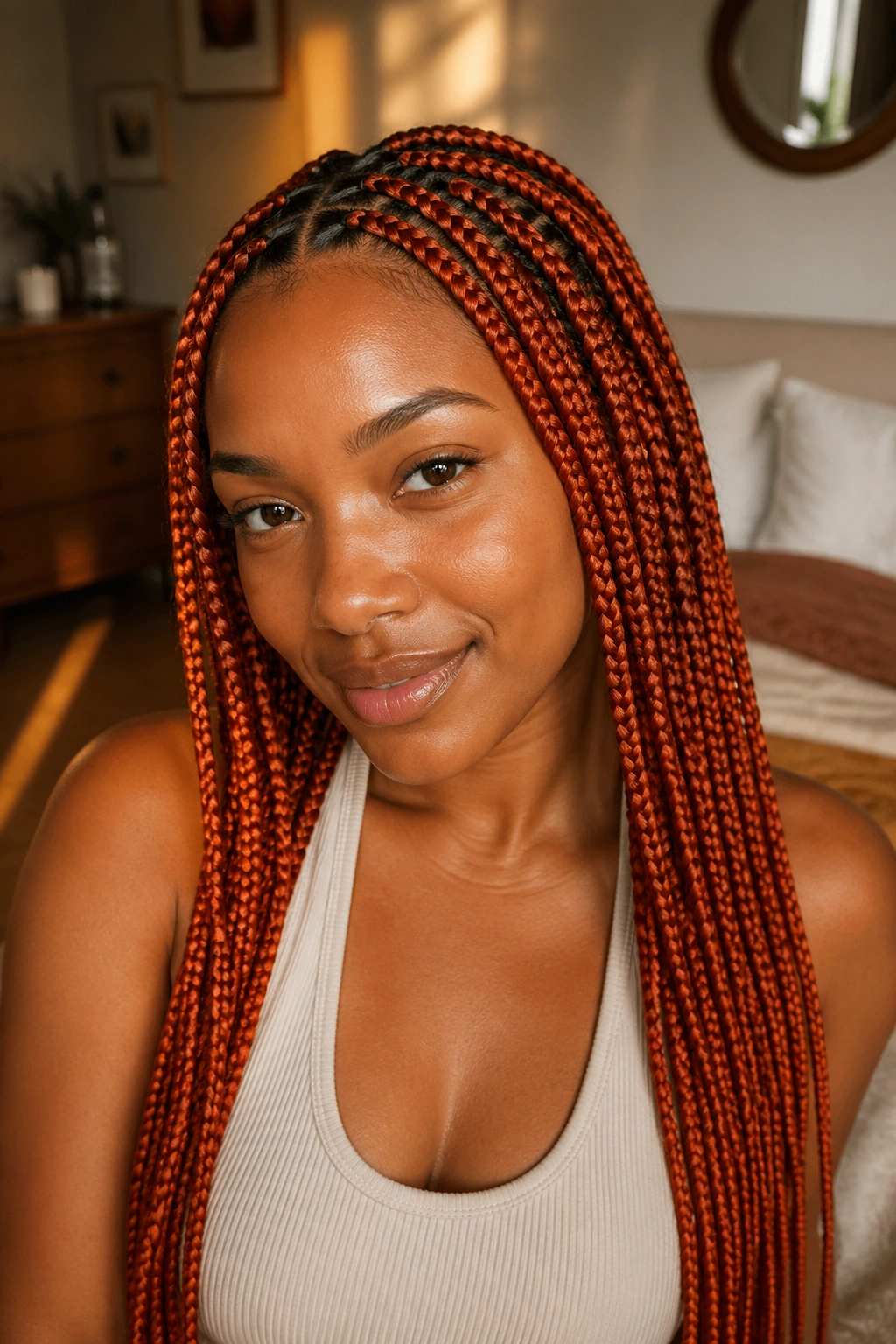 Portrait of a real woman wearing knotless orange box braids