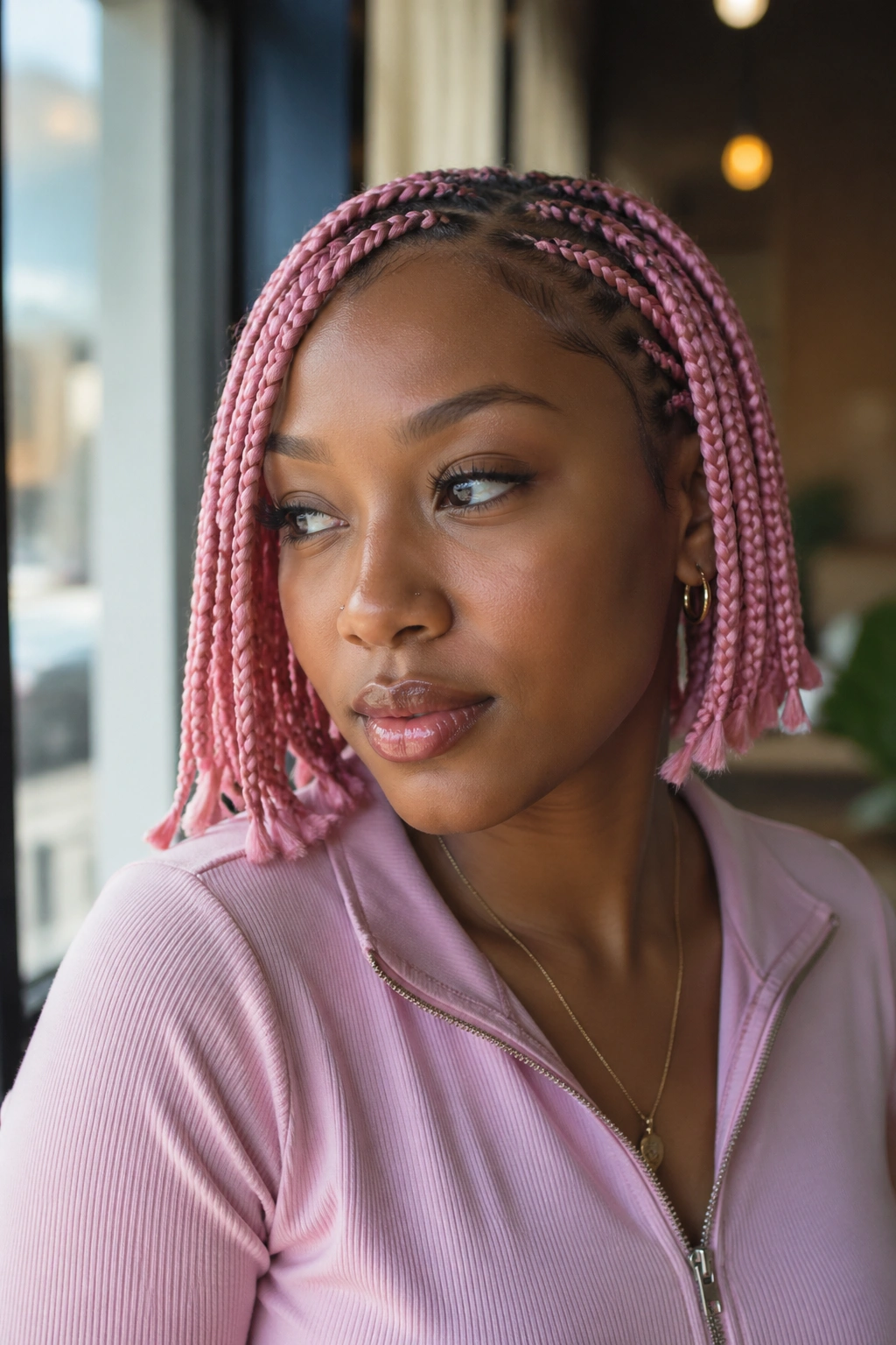 Close-up of real woman with knotless pink short braids near the scalp
