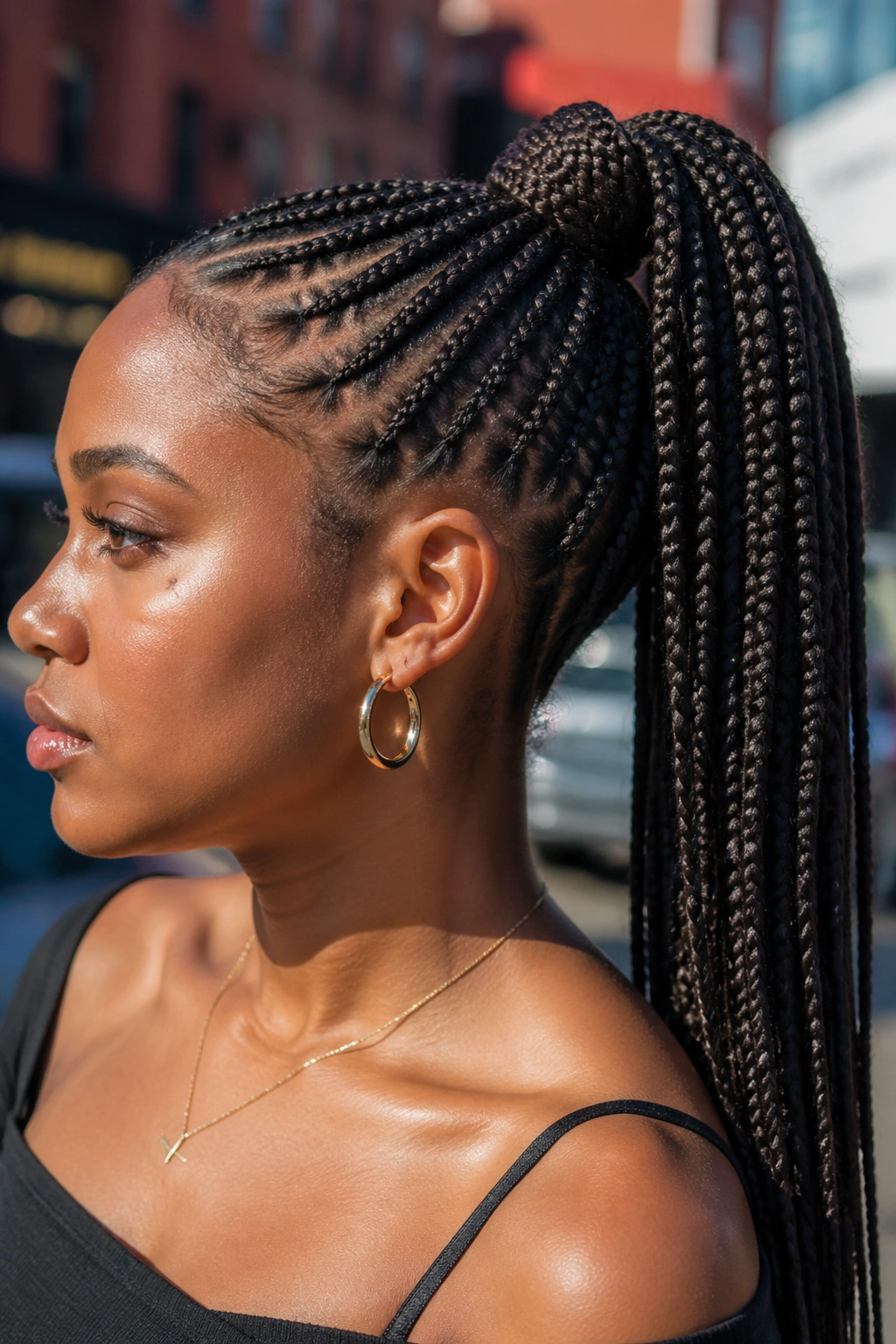 Close-up of wrapped braided ponytail knot on a real woman's head