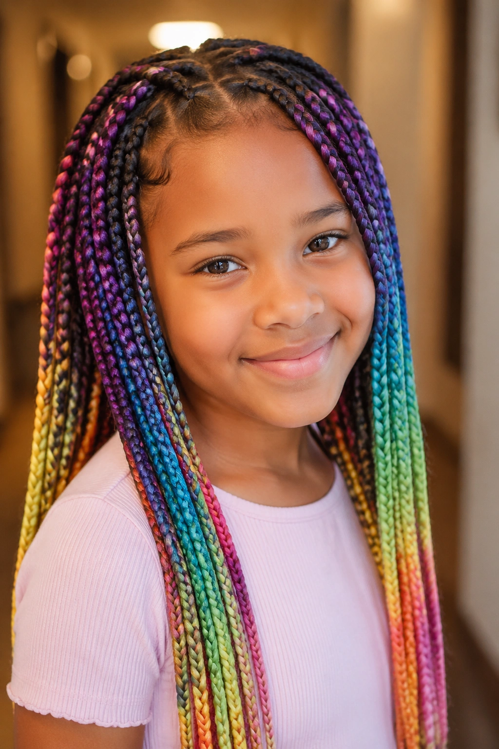 Child with knotless rainbow box braids at the roots