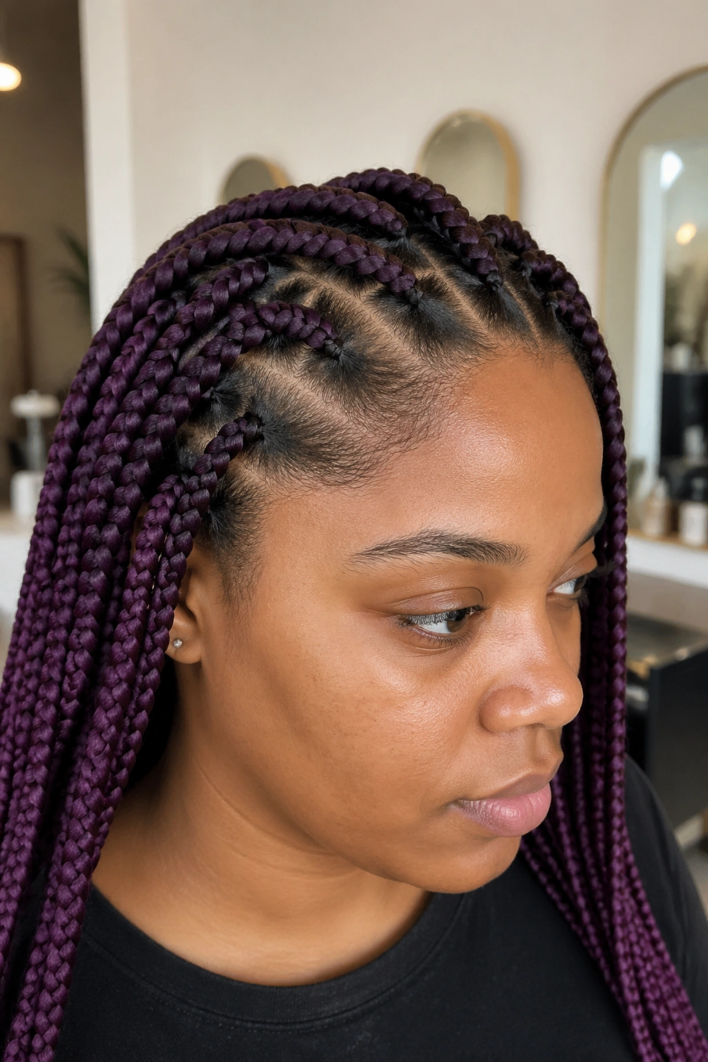 Close-up of knotless braid roots at the scalp on a real person