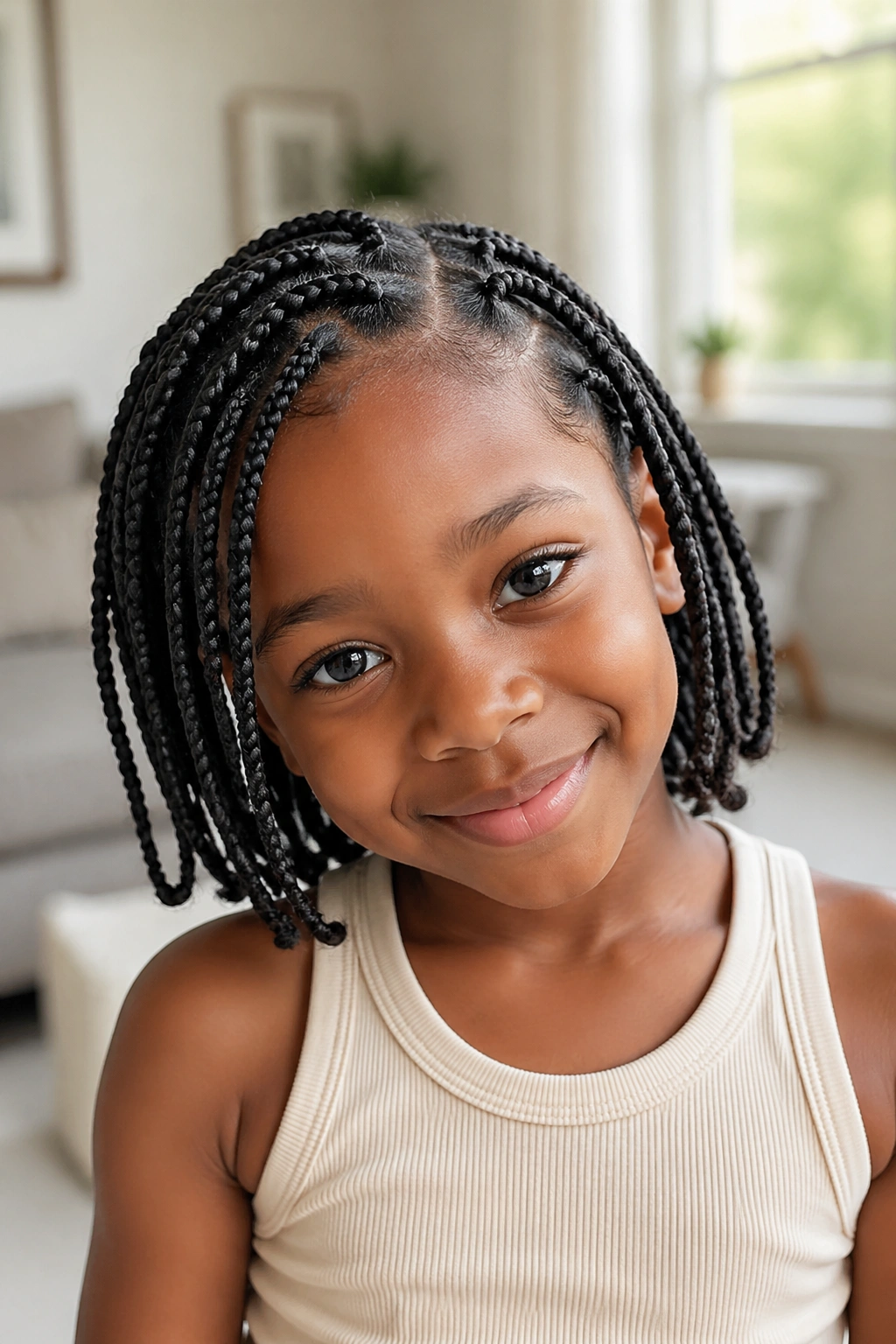 Close-up of a child with knotless short box braids and flat roots