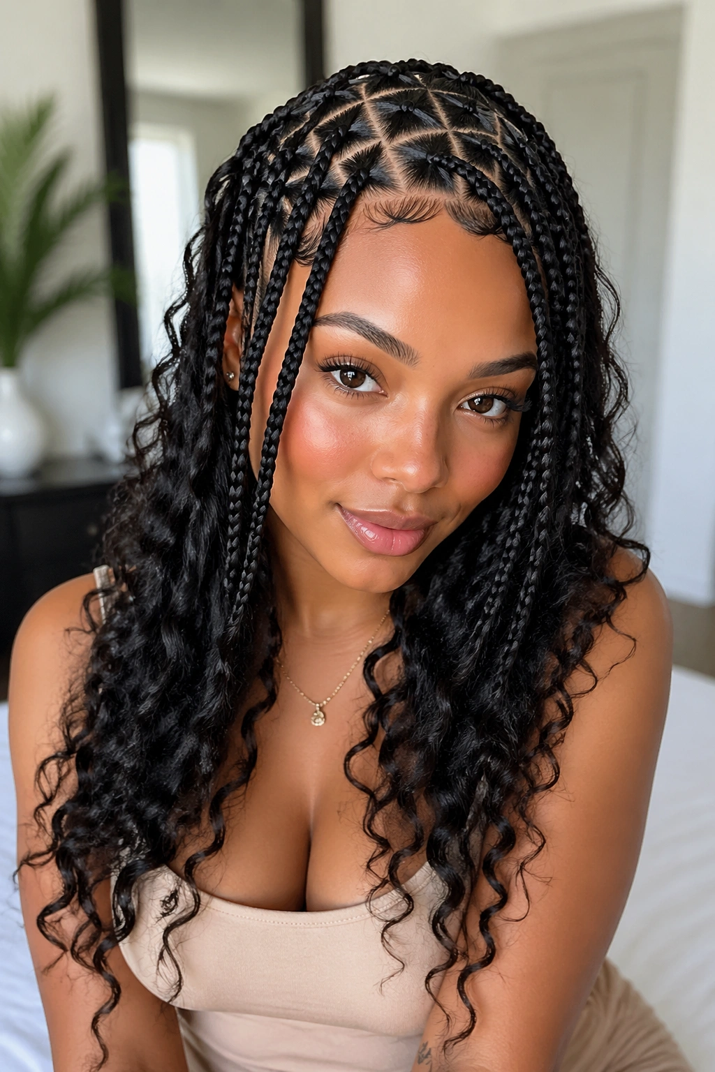 Close-up of a real woman with knotless triangle-part braids and loose ringlets in bright indoor light
