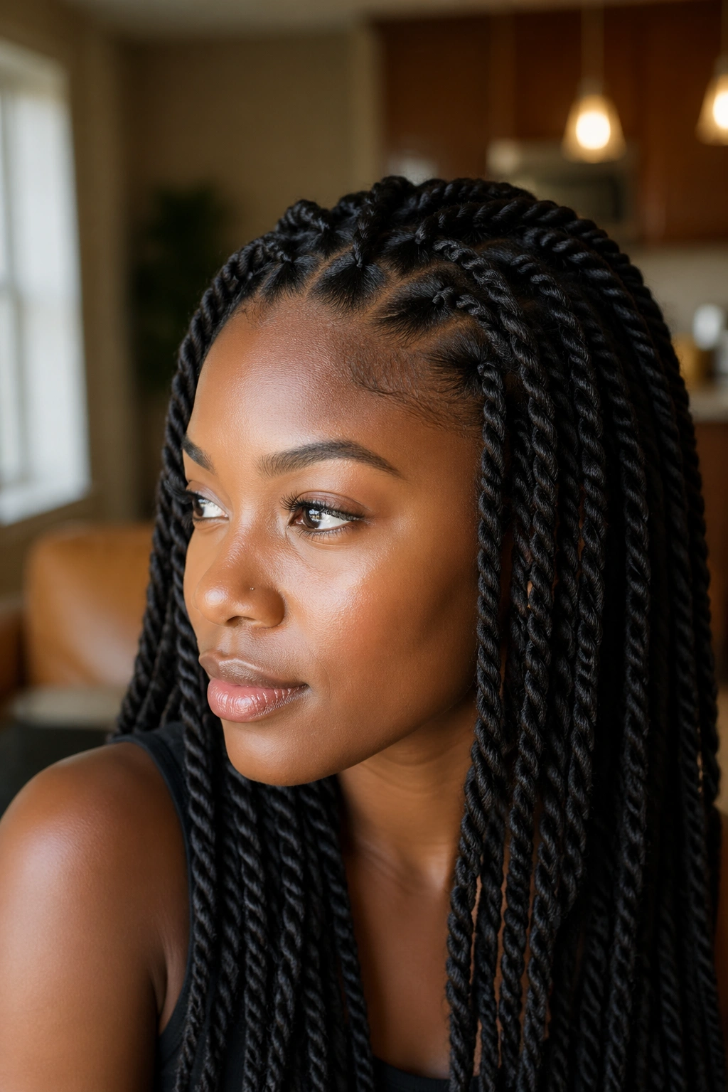 Close-up of knotless twist braids with flat roots on a real woman, natural window light.