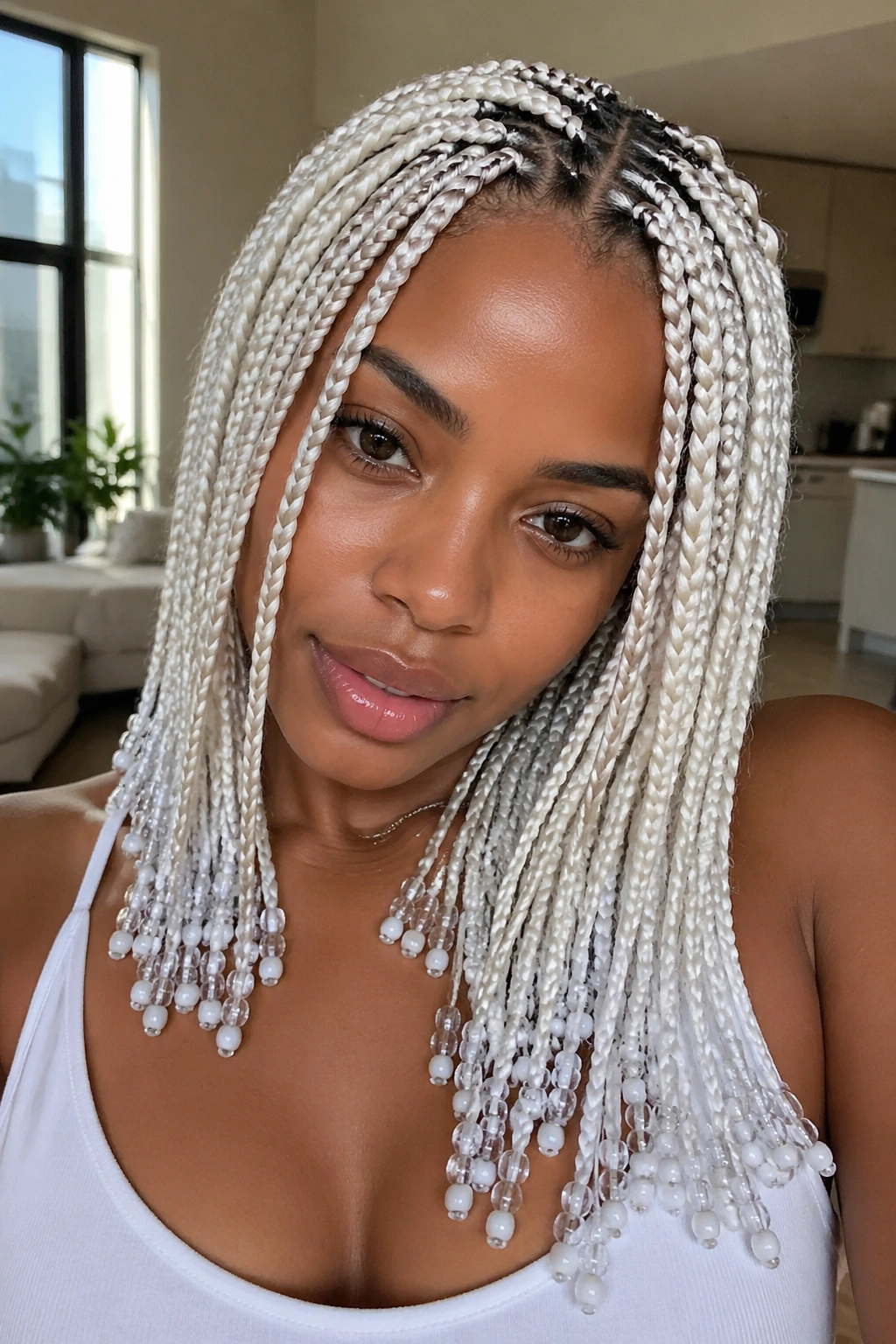 Close-up of a real woman with knotless white box braids and beaded ends