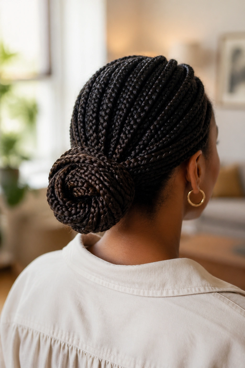 Close-up portrait of a real woman with a knotted center bun