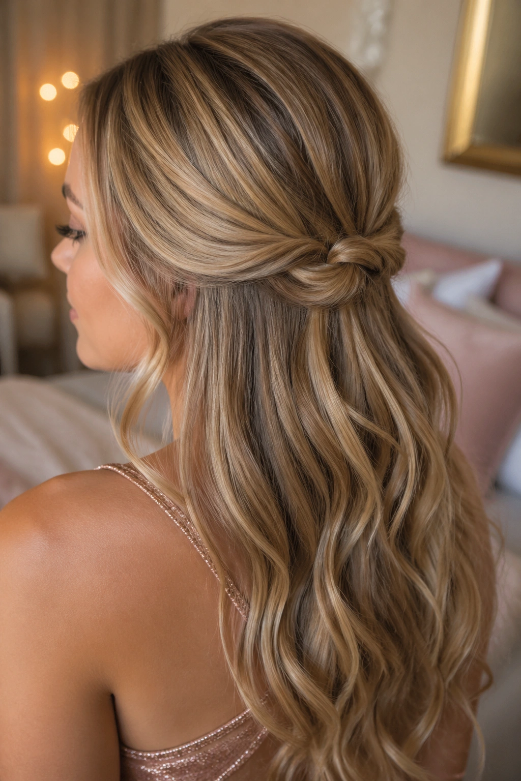 Real woman with a knotted half-up hairstyle and loose waves