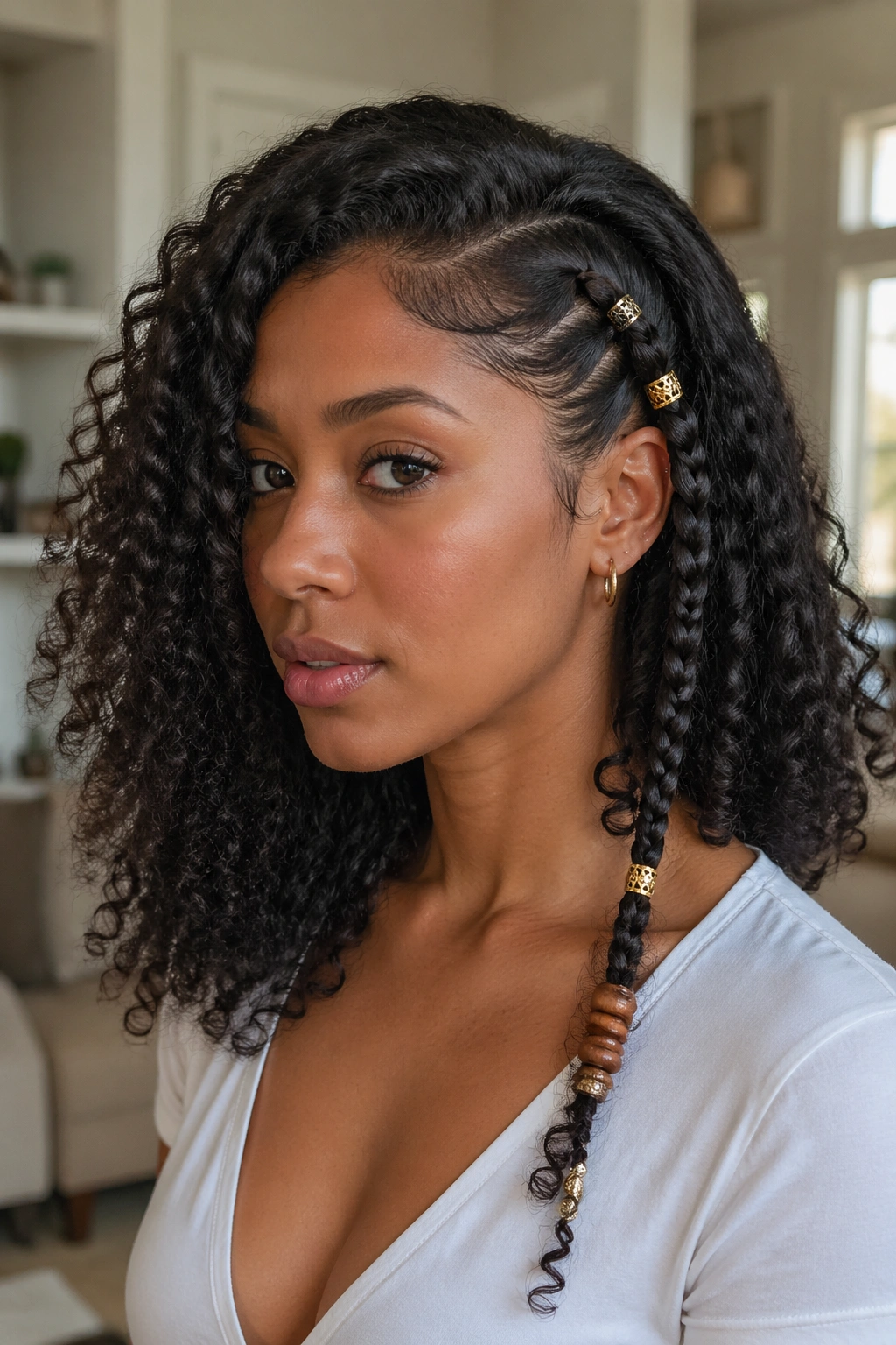 Close-up of side lace braid with beads and cuffs on a real person