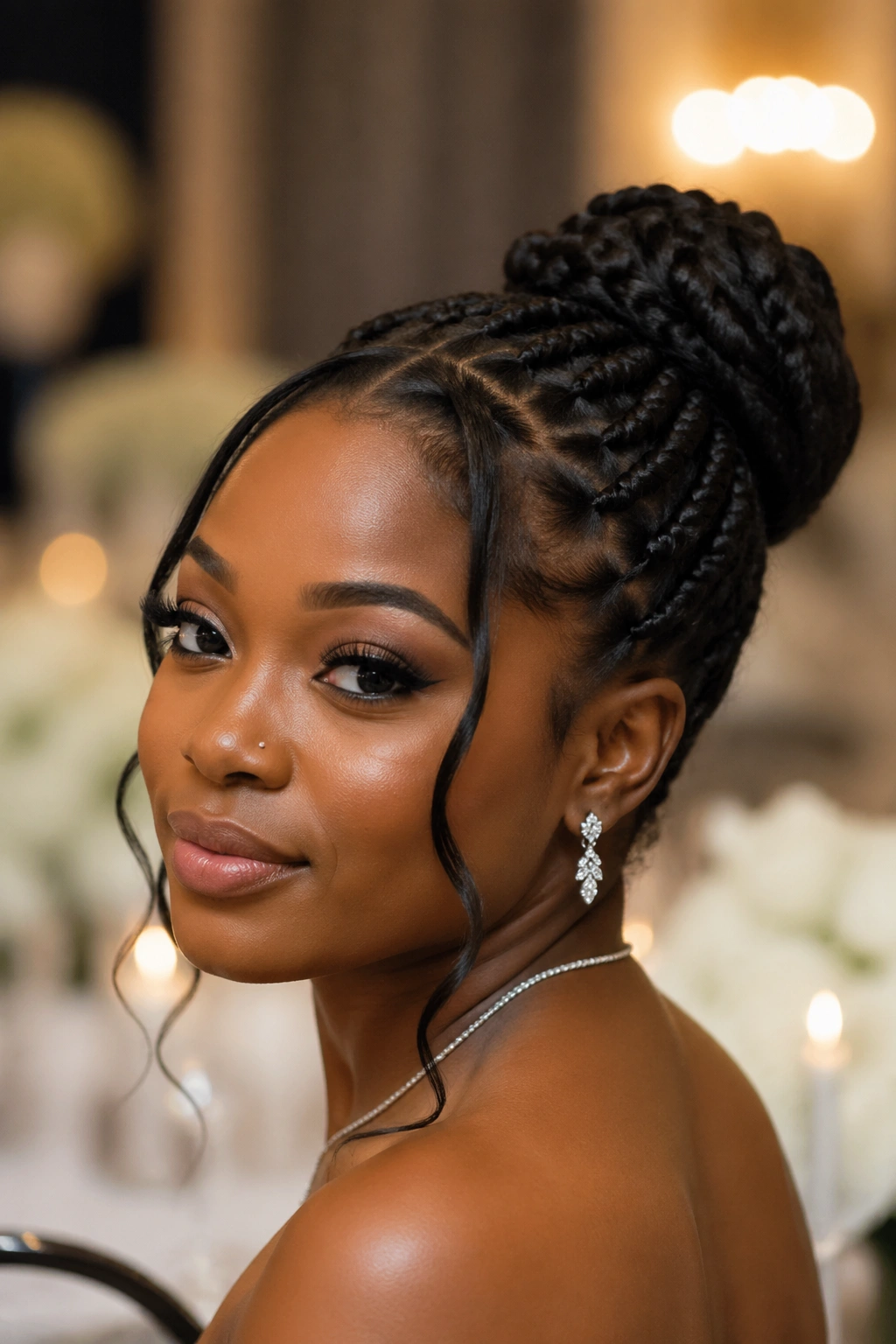 Close-up of a real woman showing lace braid with braided bun and face-framing tendrils