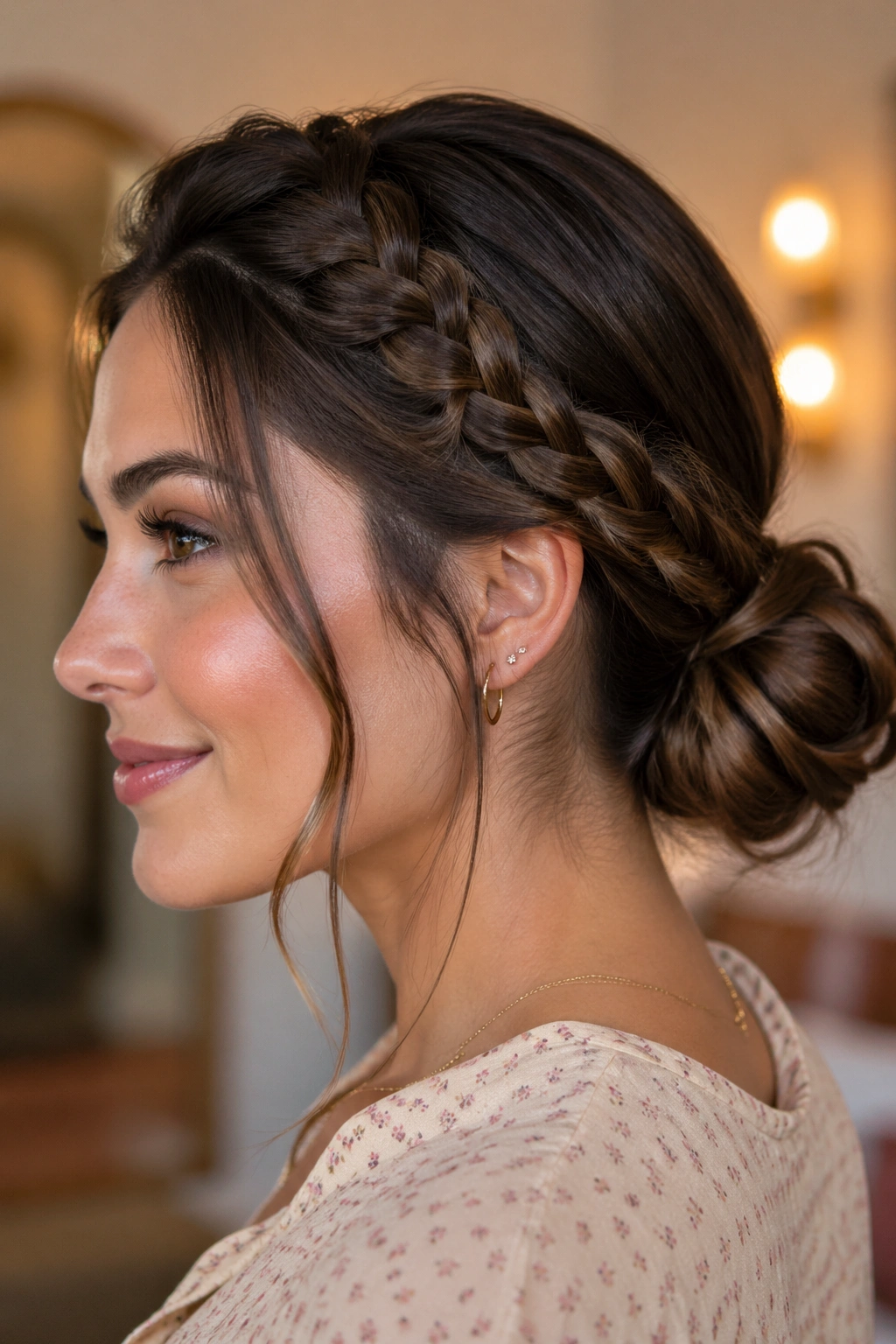 Real woman with Lace-Braid Bun side view showing the lace braid.