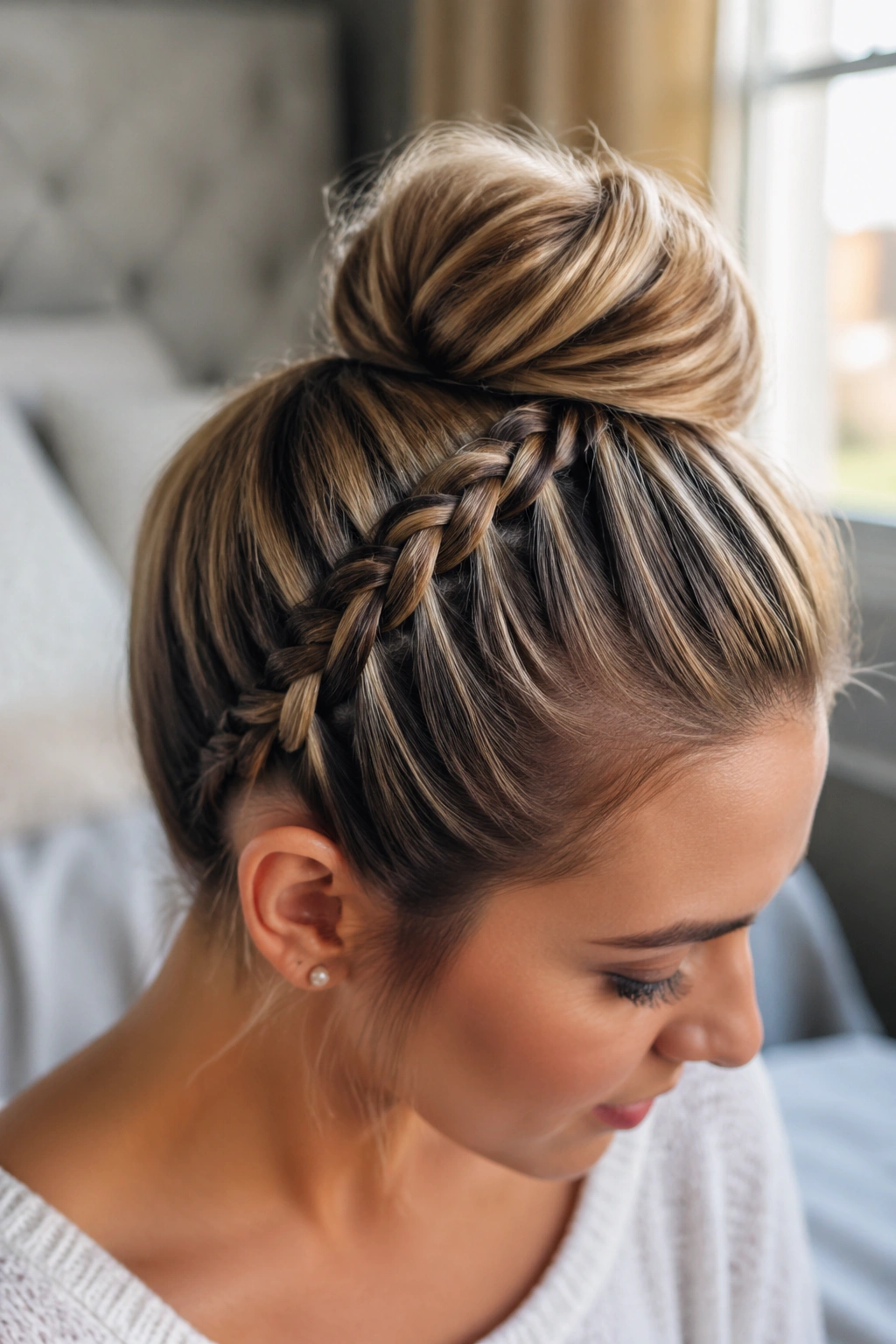 Close-up of a real woman with a fine-hair lace braid bun featuring padding