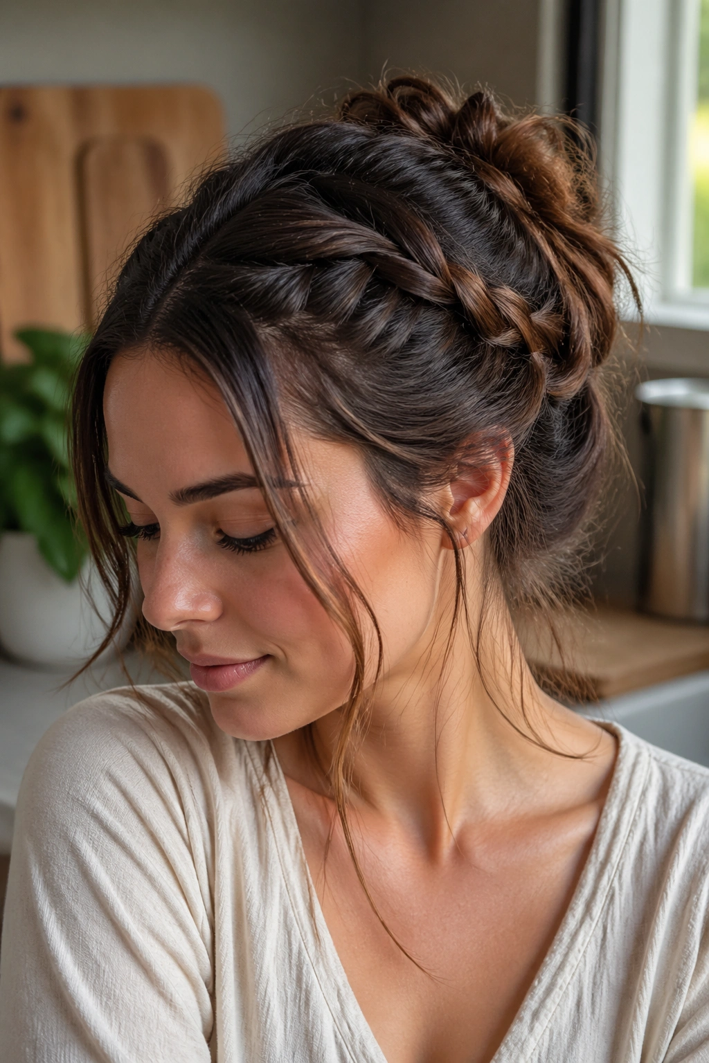 Messy lace braid bun with soft framing pieces on a real woman