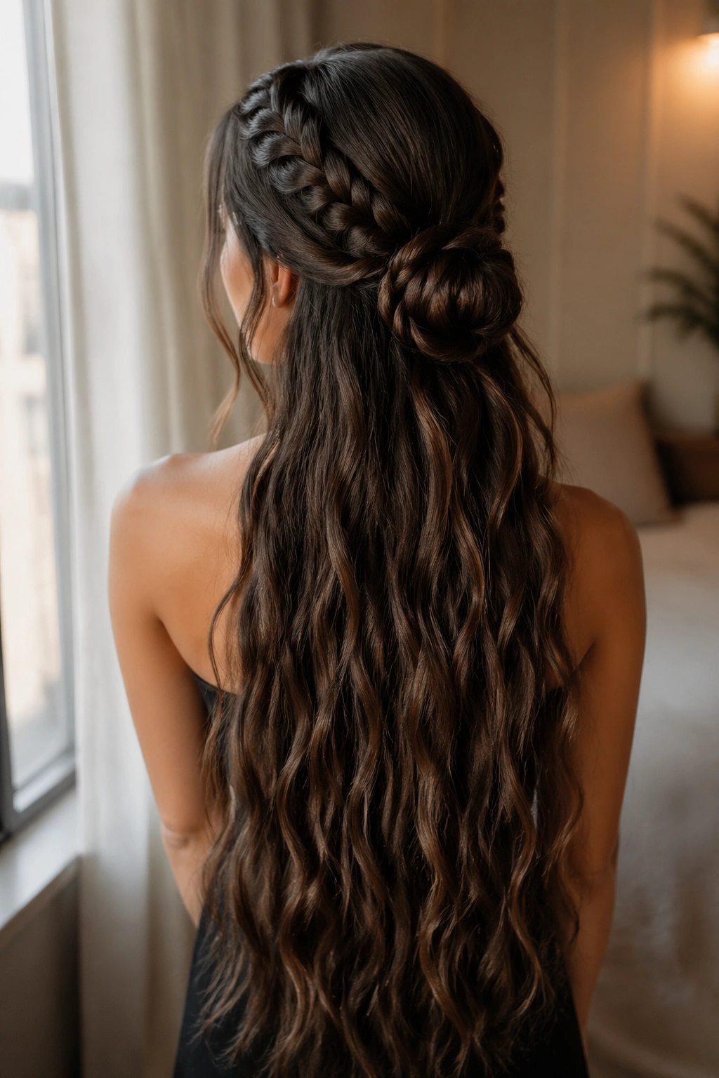 Back-of-head view of a real woman with a lace braid forming a small bun and loose length