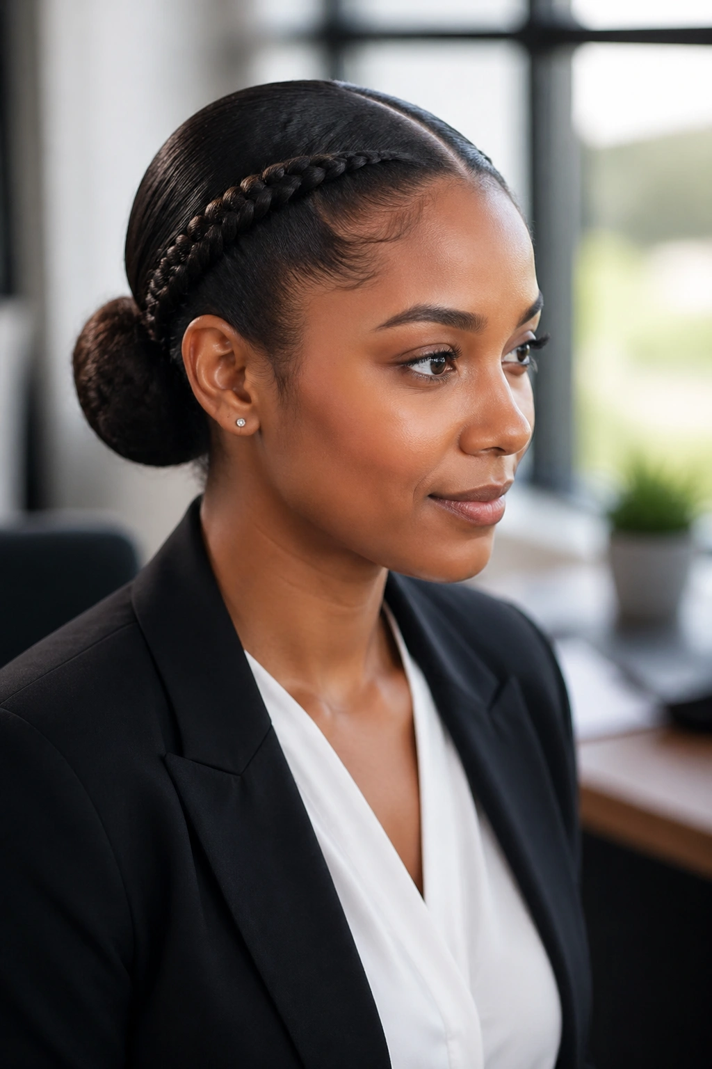 Close-up of a real woman with a sleek lace braid bun and sharp part in an office setting