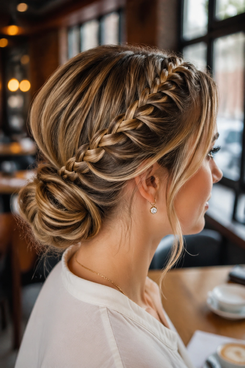 Diagonal lace braid chignon on a real woman
