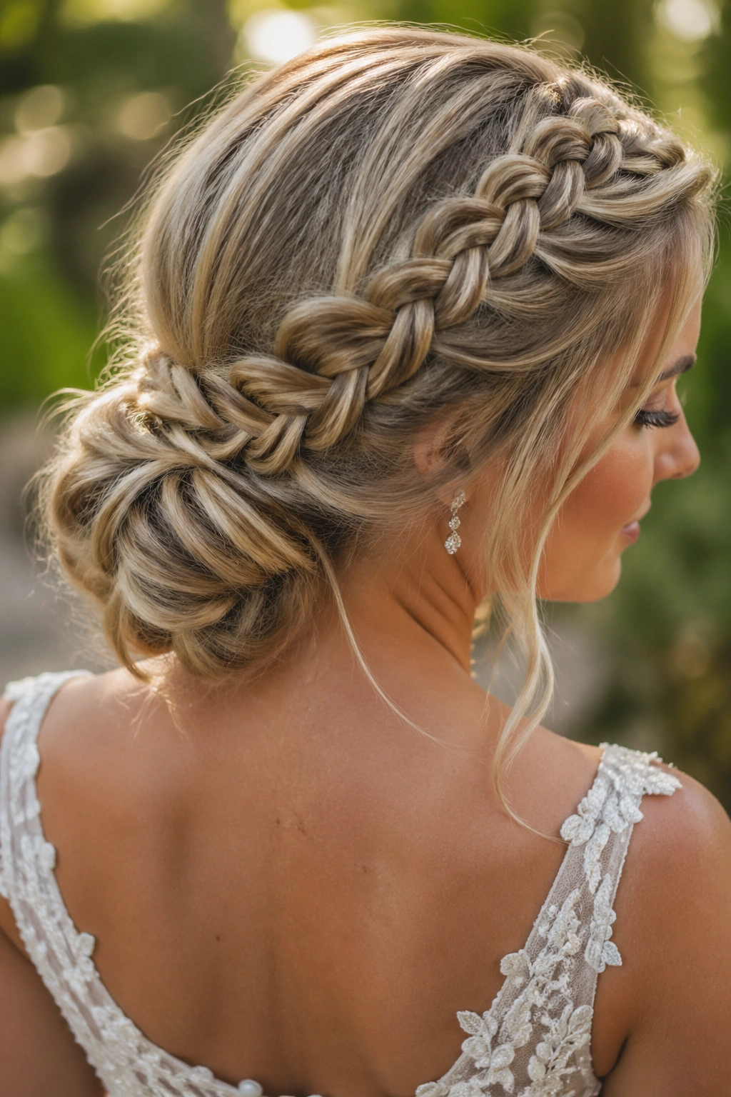 Close-up of side-swept Dutch lace braid into a low chignon on a real bride in a garden setting