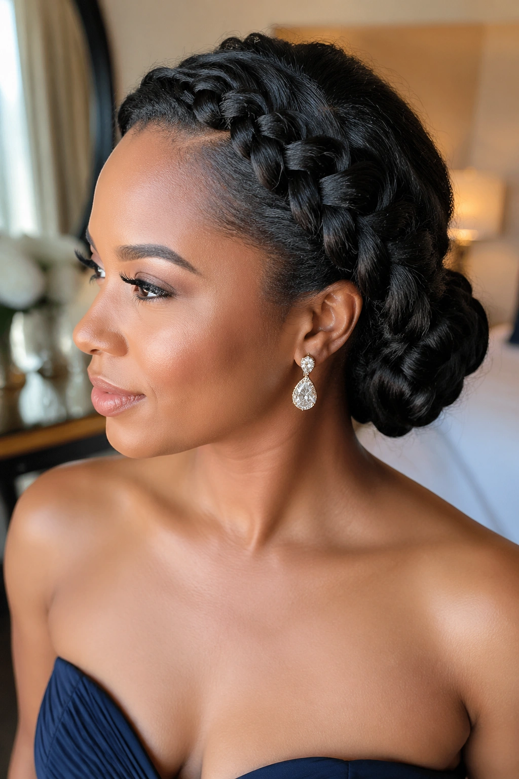 Close-up of a real woman with a side-swept lace braid flowing into a compact low chignon