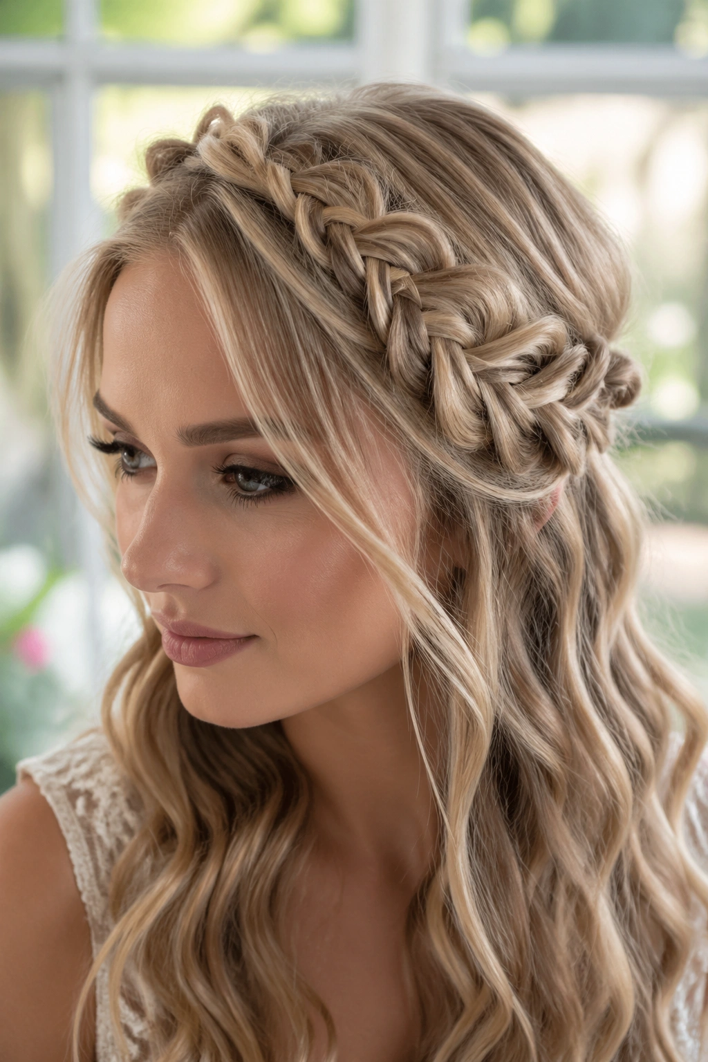 Close-up of a real woman with a lace braid crown around the head