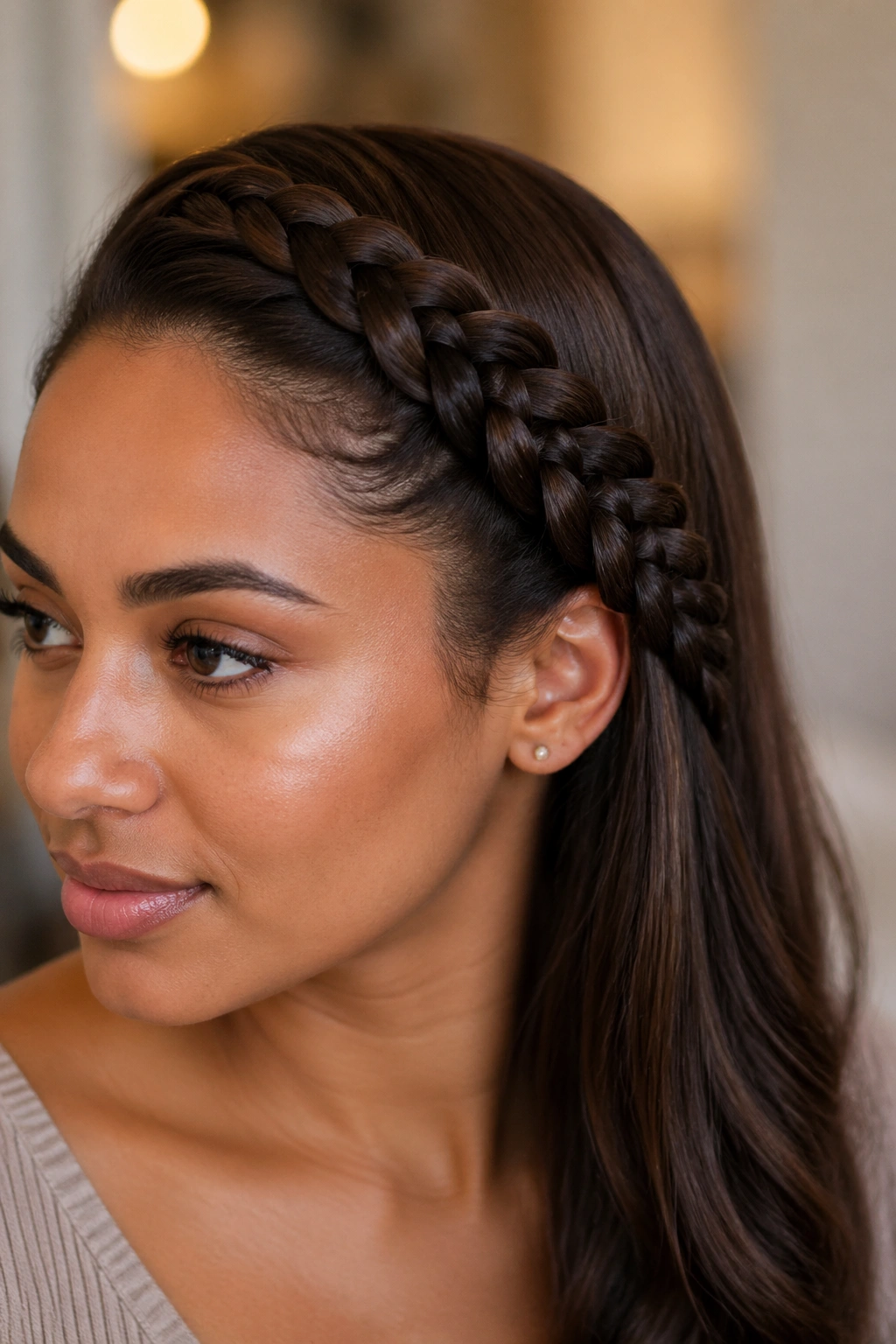 Real person with one-side lace Dutch braid, sleek and smooth on other side.