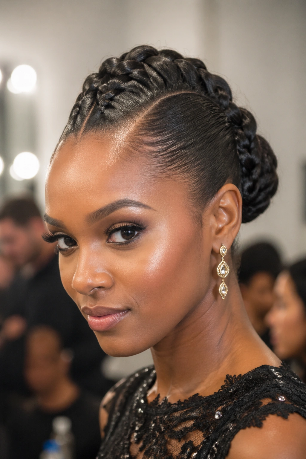 Close-up of a real woman with lace braid faux-hawk bun