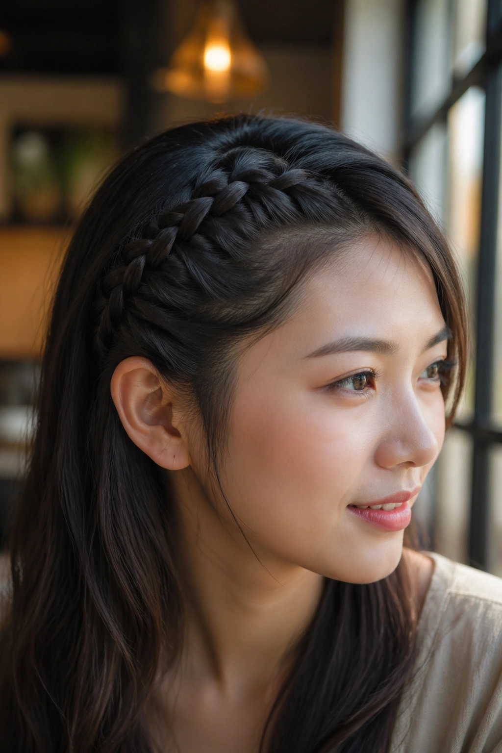 Close-up portrait of a real person with a lace braid along the hairline on one side