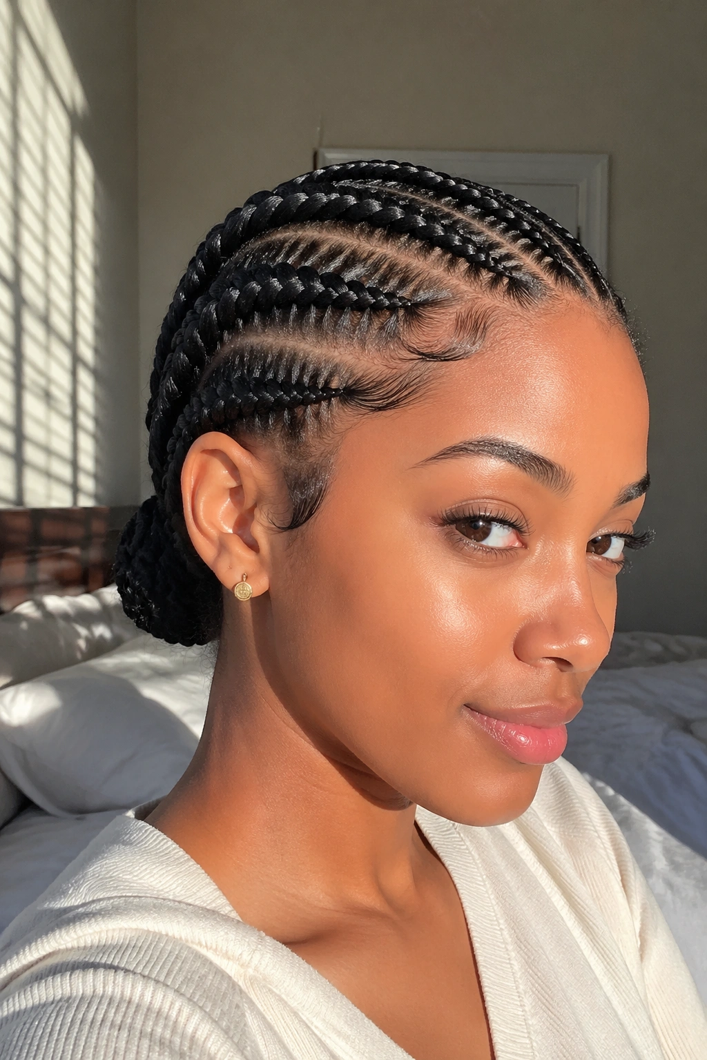 Close-up of lace braid along hairline on a real person.