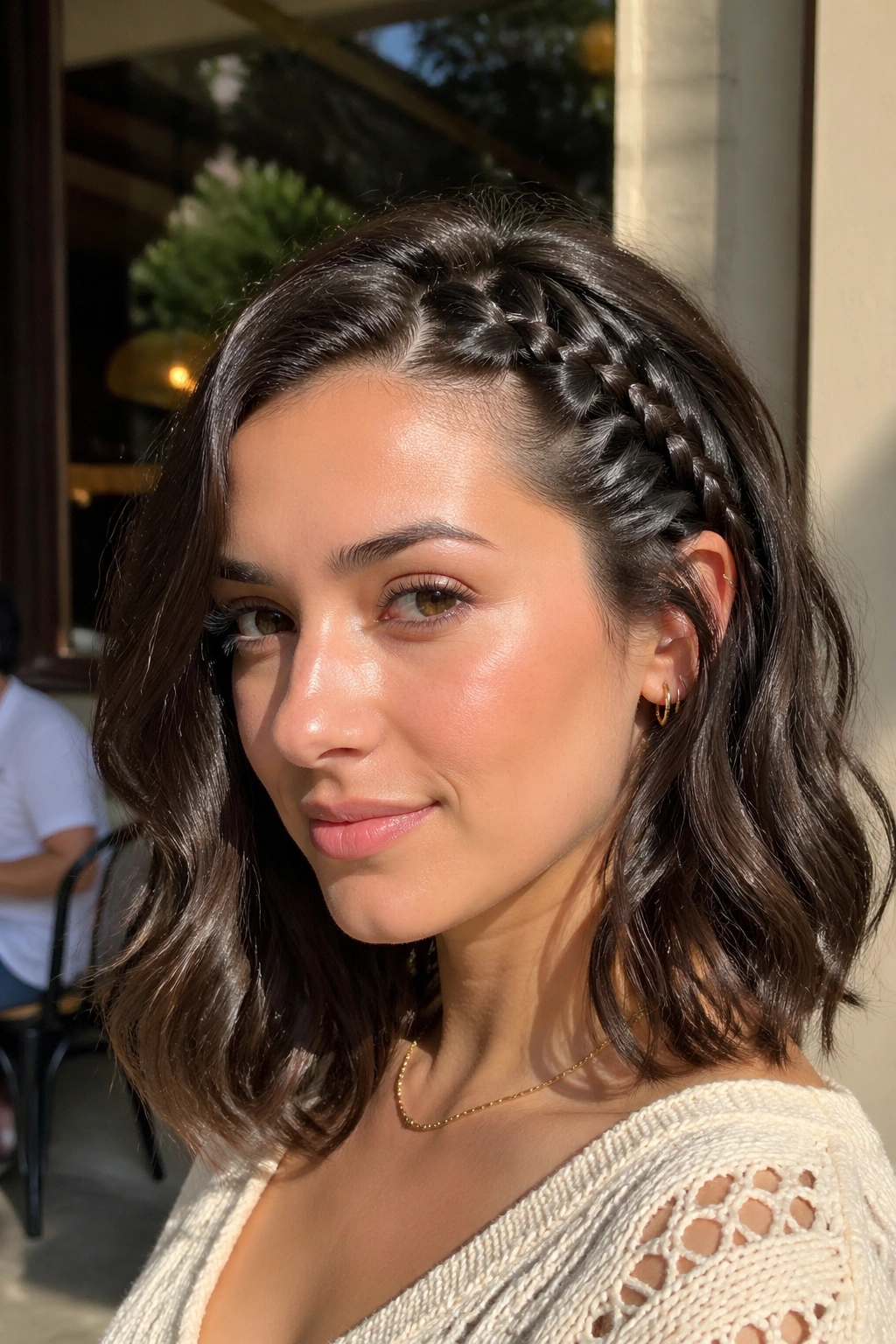 Close-up of a real woman with a lace braid along the hairline and loose hair