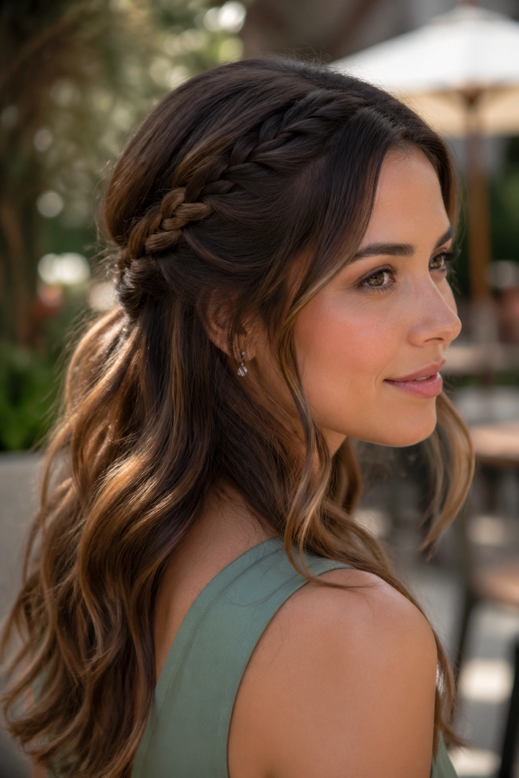 Close-up portrait of a real woman with a lace braid half-up style framing the face