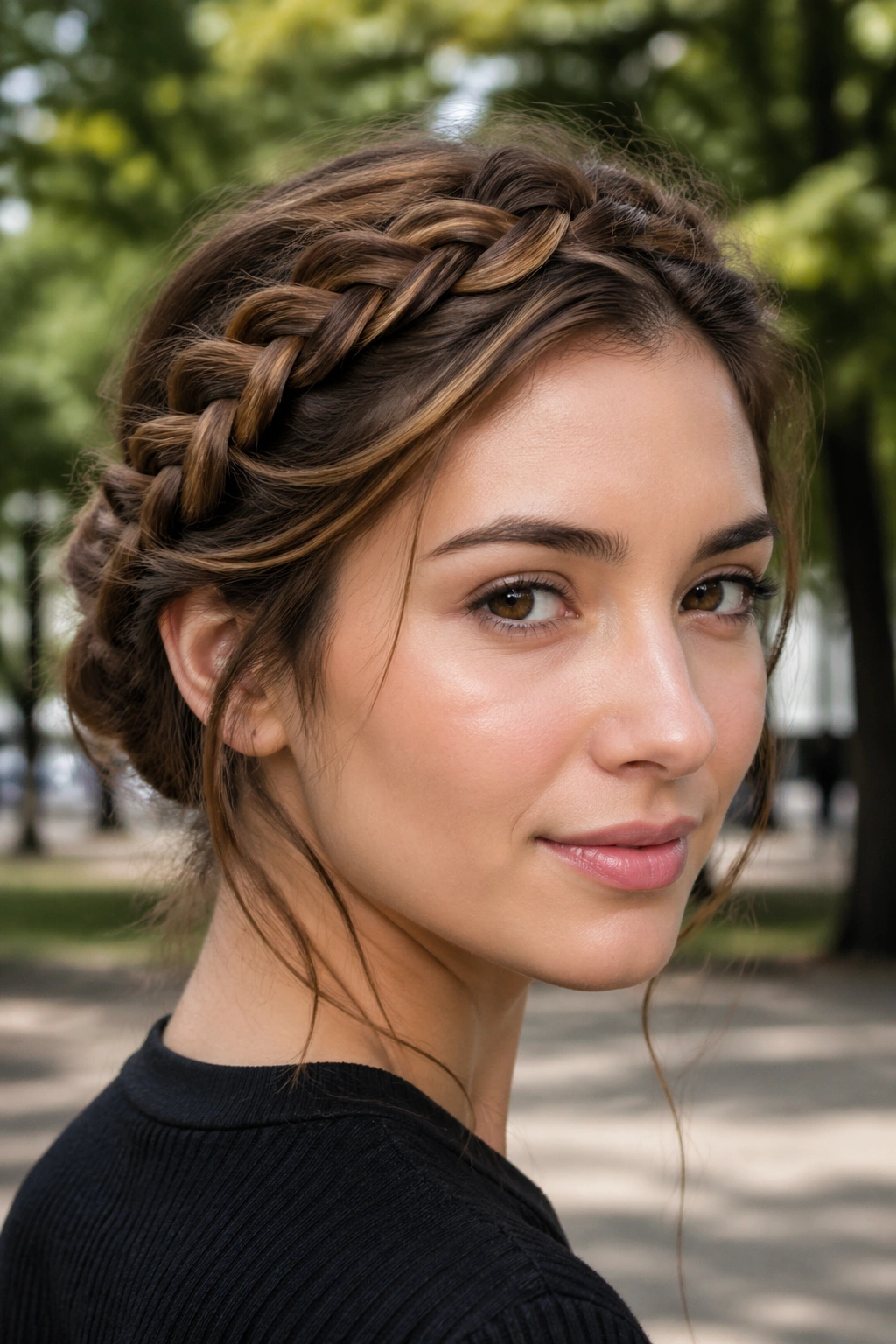Close-up of a real woman with lace braid halo