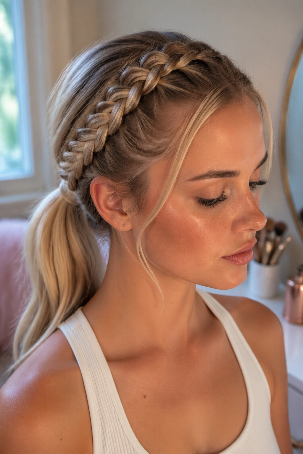Close-up of a real woman's head with a lace braid headband flowing into a low ponytail
