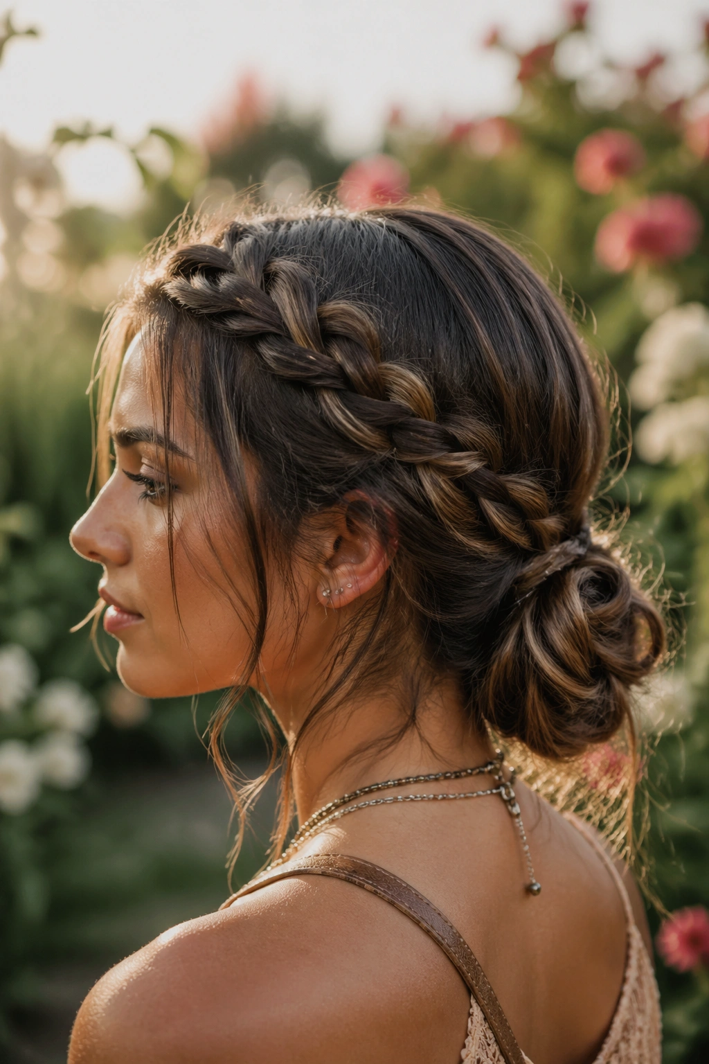 Close-up of lace braid flowing into a low bun on a real woman in golden-hour garden light