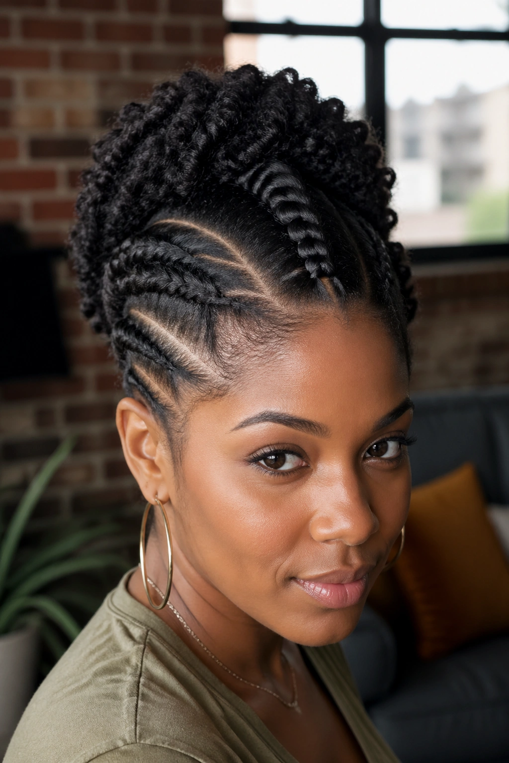 Portrait of a real woman with a lace braid mohawk and twisted sides.