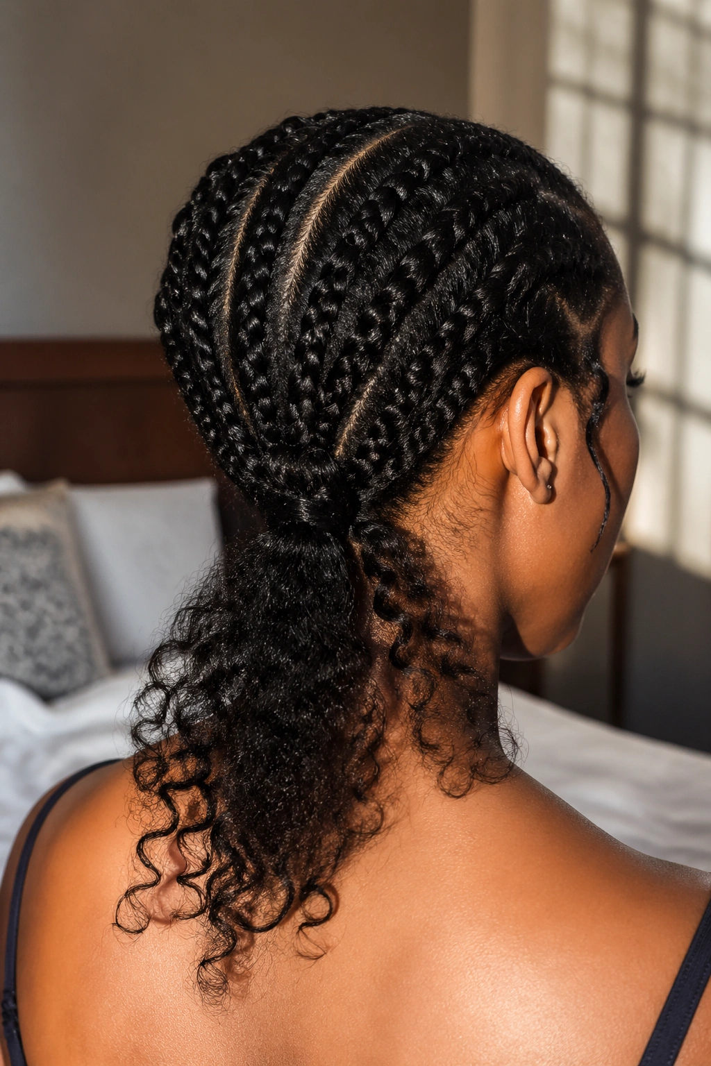 Close-up of a real woman's head showing lace braid with nape leave-out, warm natural light