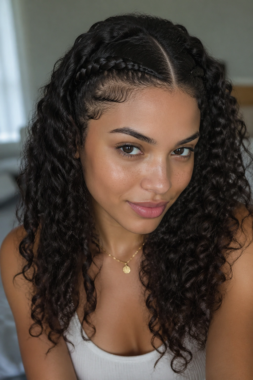 Close-up of a real person with a lace braid along a clean part line