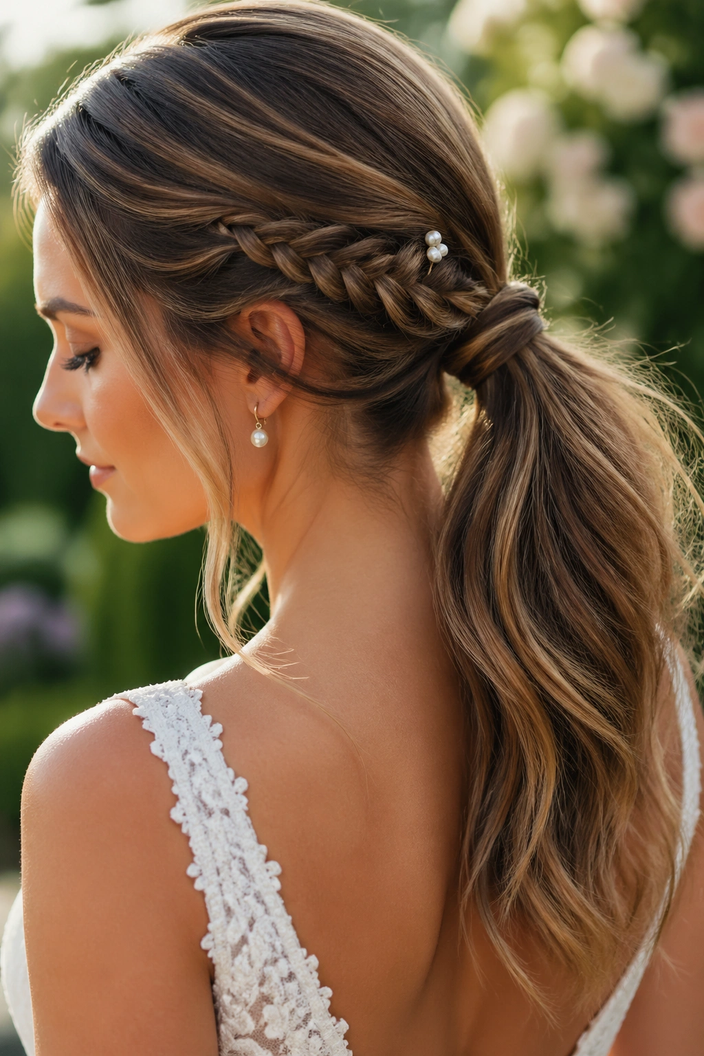 Close-up of a real bride with a hidden lace braid pony tucked to the side in a garden setting