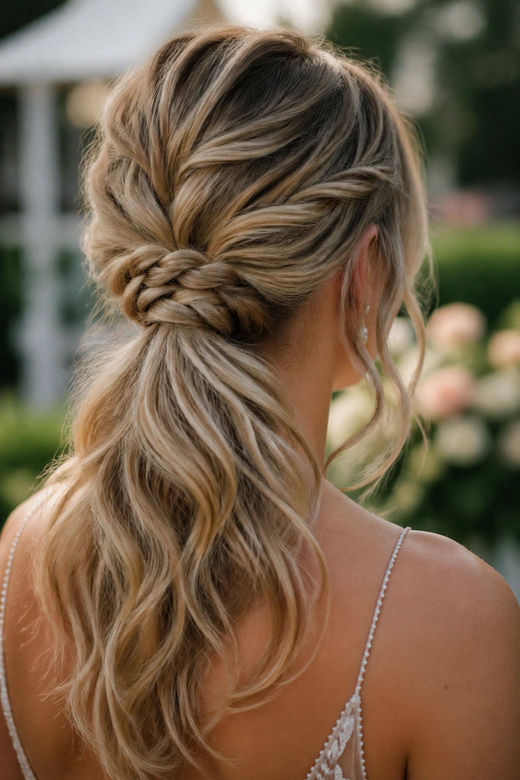 Bride with low textured ponytail and lace-braid wrap