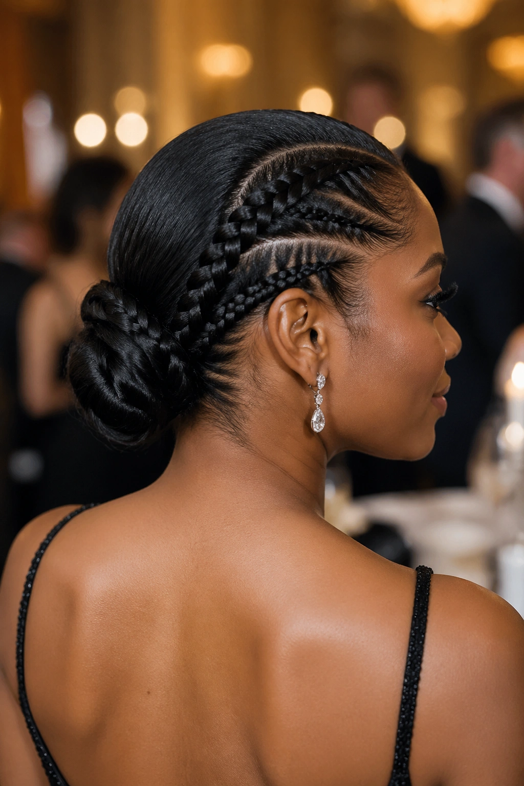 Close-up of a real woman showing a lace braid into a ponytail wrapped into a polished coil