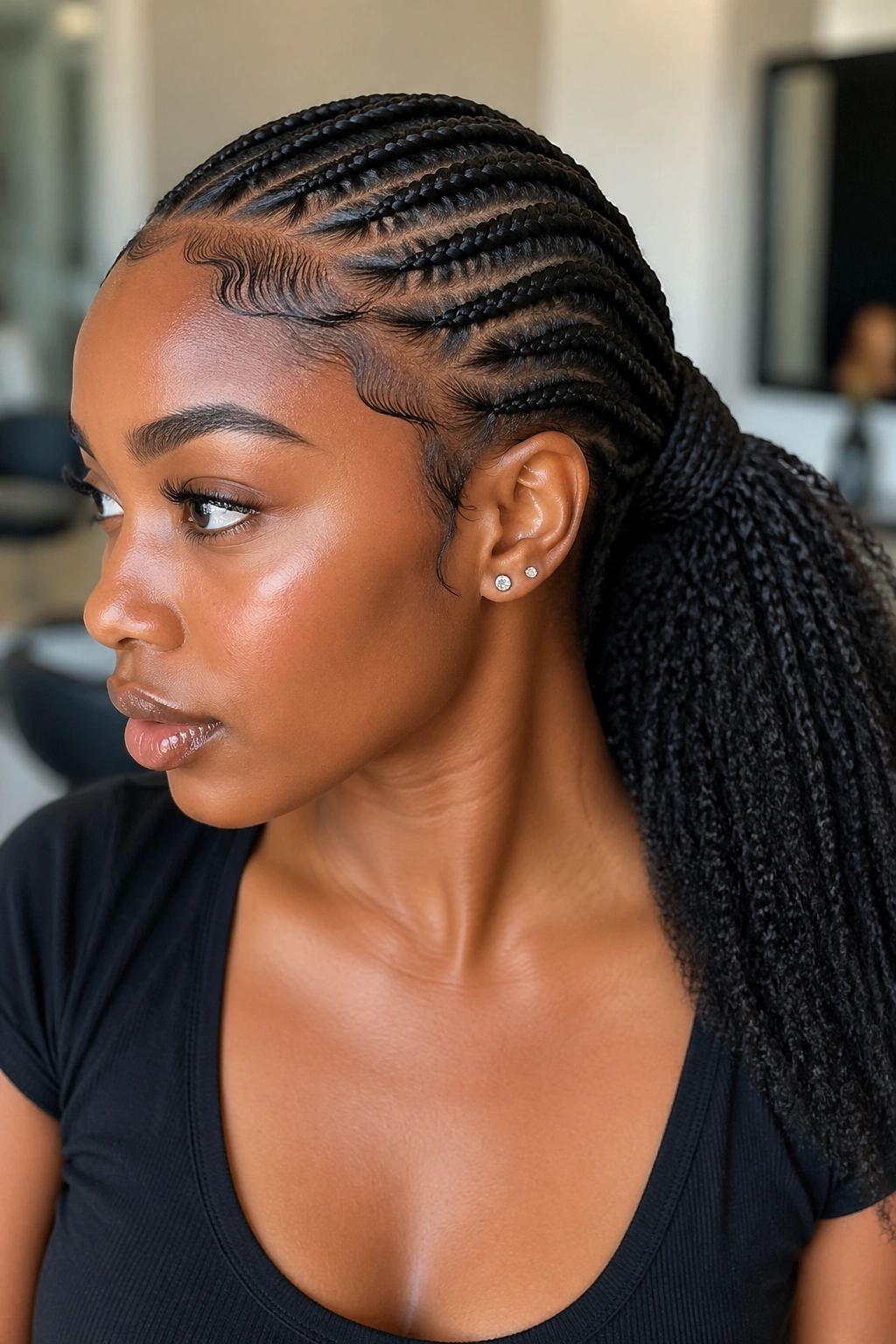 Close-up of a real Black woman's head with Type 4 hair showing a lace braid feeding into a wrapped ponytail