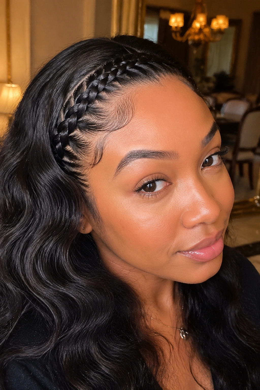 Close-up of a person with a lace braid along the hairline framing the face.