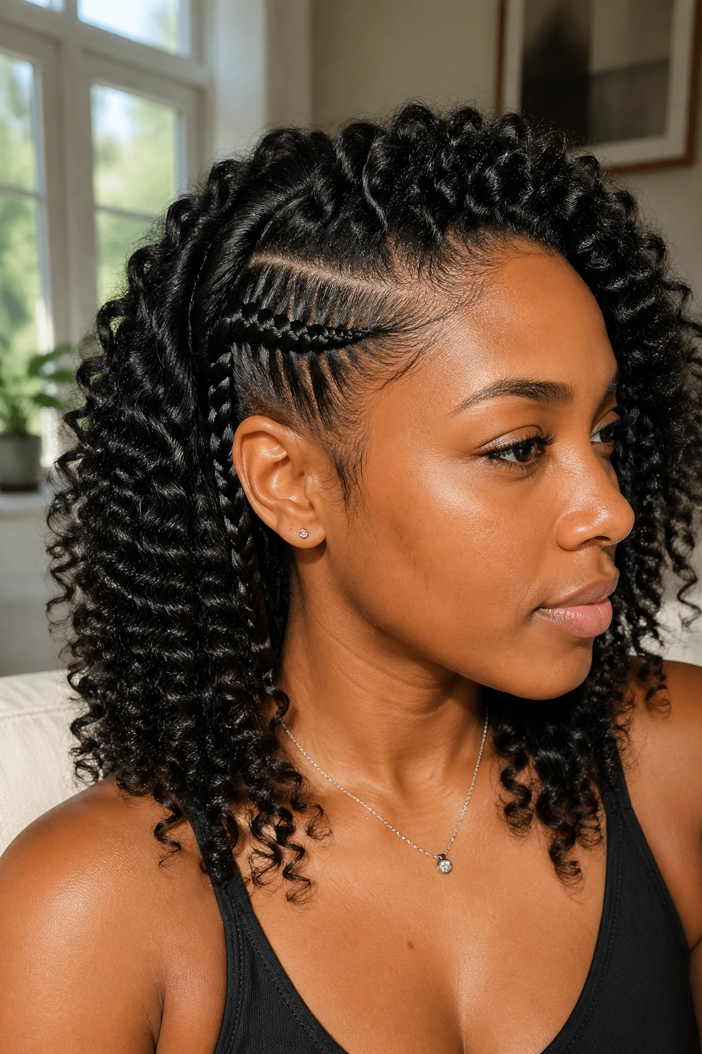 Close-up of lace braid turning into rope twist near the ear on a real person