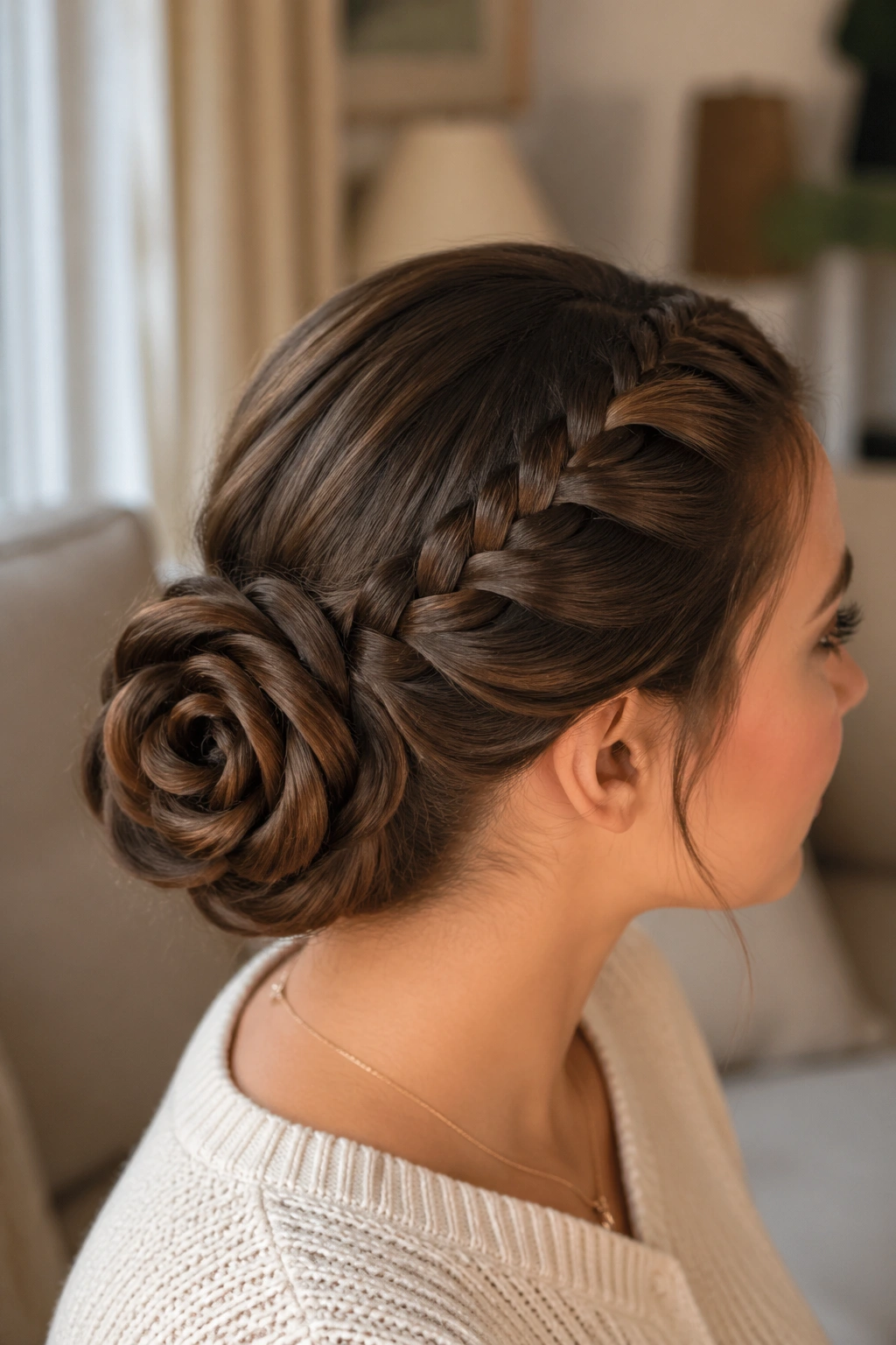 Portrait of a real woman with a rose-shaped lace braid bun in a softly lit room