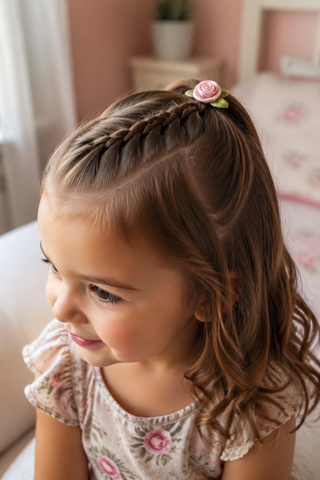 Close-up of a toddler with a lace half-up braid and a small rosette clip