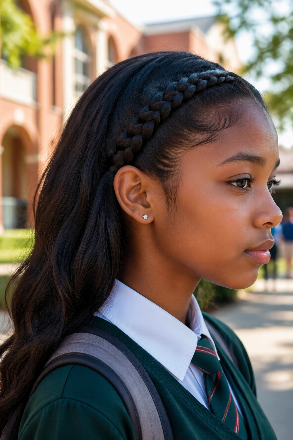 Side-profile of a real student with a lace braid in a courtyard