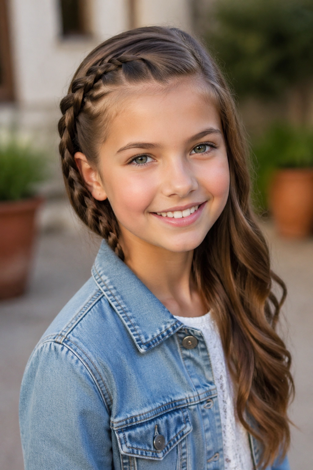 Close-up portrait of a girl with a lace braid along the head