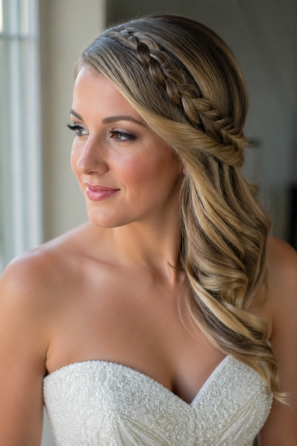 Bride with lace braid sweeping along one side