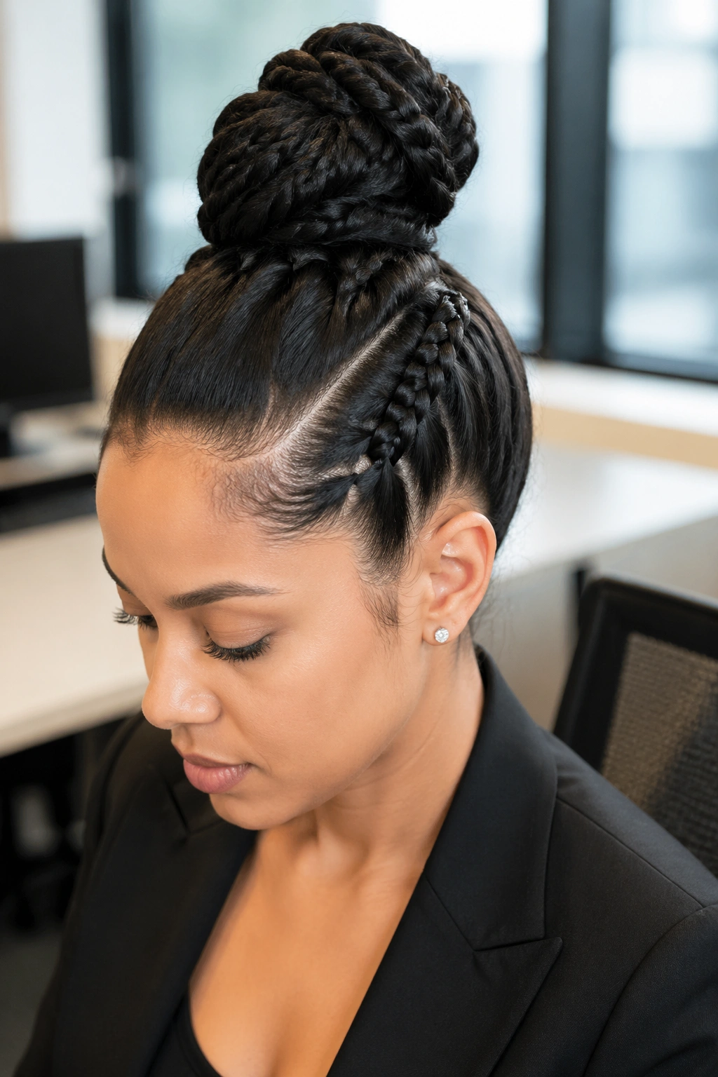 Wrapped lace braid top knot on a real woman