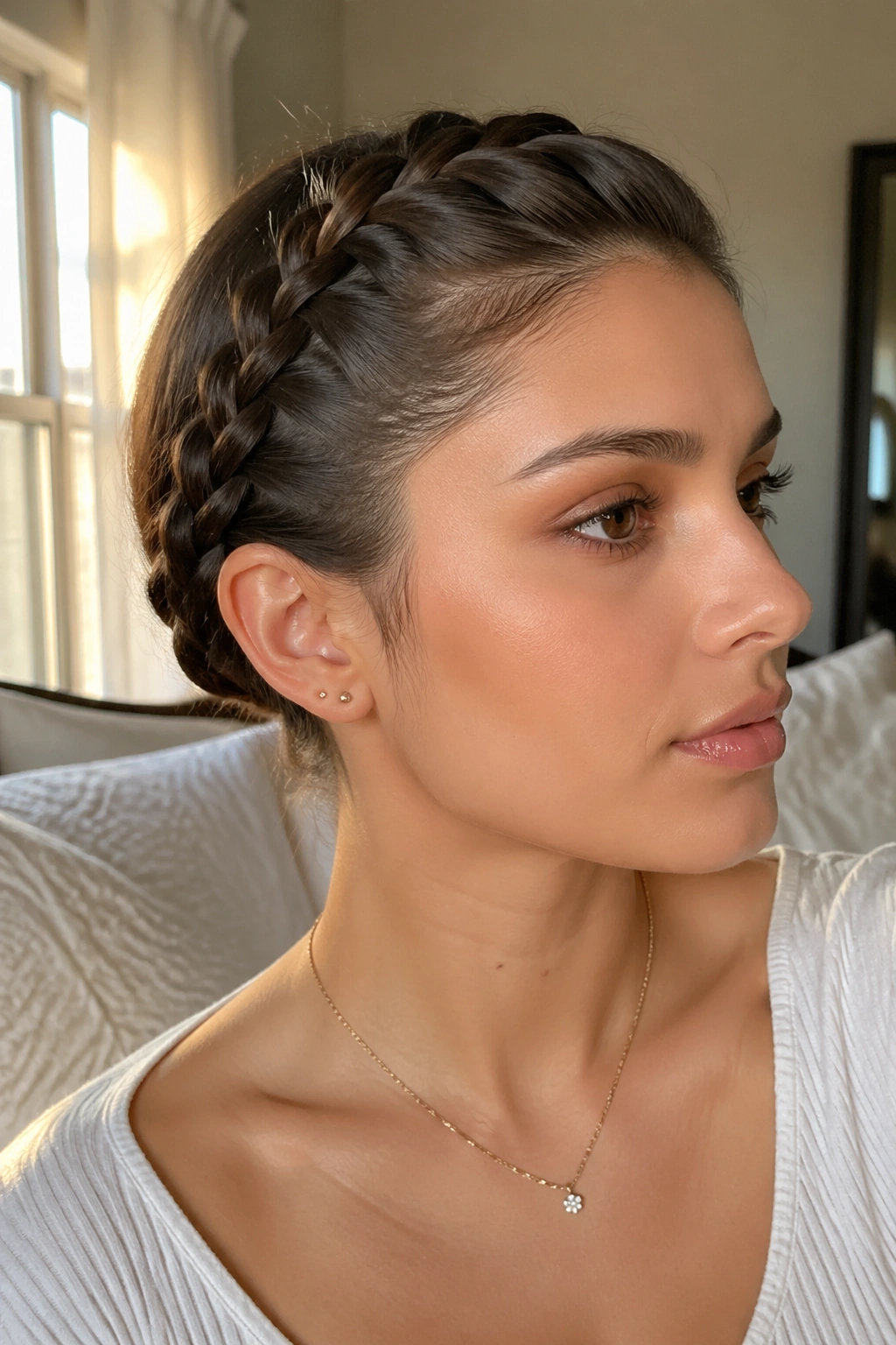 Close-up of a real woman with a neat side lace braid hugging the hairline and tucked behind the ear.