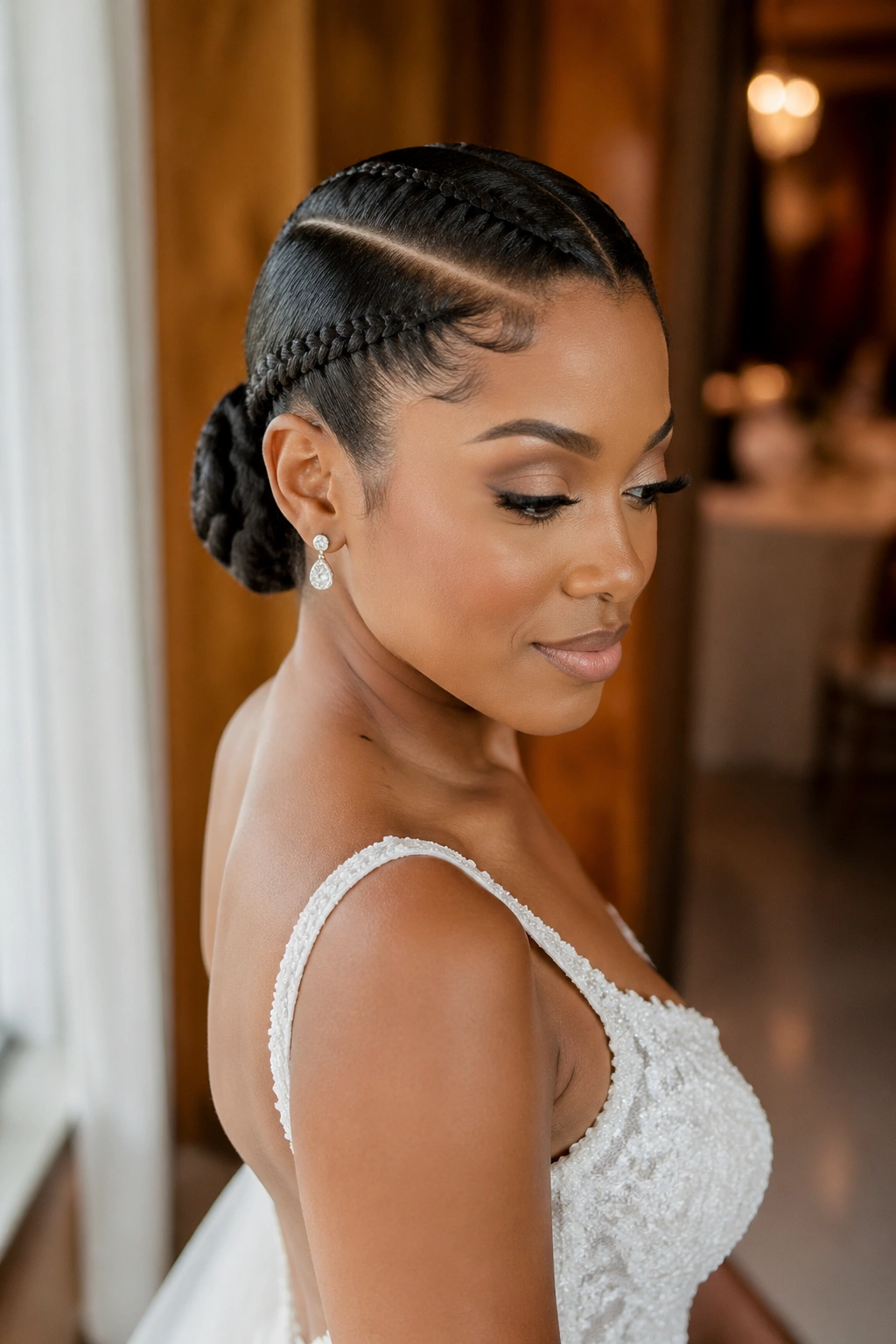 Close-up portrait of a real woman with a minimal lace braid updo and low bun under warm dressing-room light